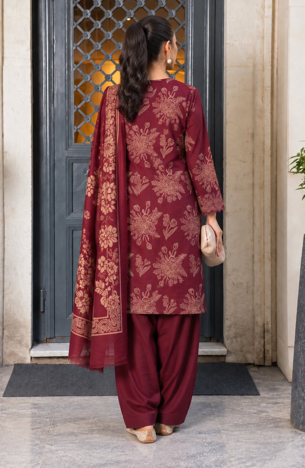 Maryum Maniya by Amna Khadija Broshia Banarsi Cotton Unstitched 3 Piece Suit - AKMM-06 - AM26NYI - Maroon - Winter Collection