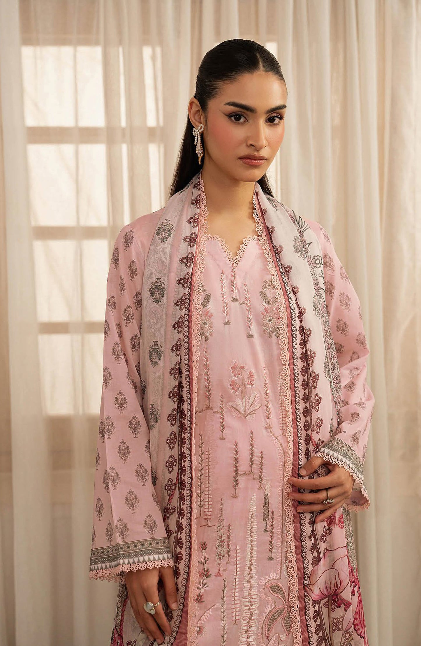Mashaal by Ramsha Embroidered Lawn Unstitched 3 Piece Suit - L-1607 - RM26LW - Pink - Summer Collection