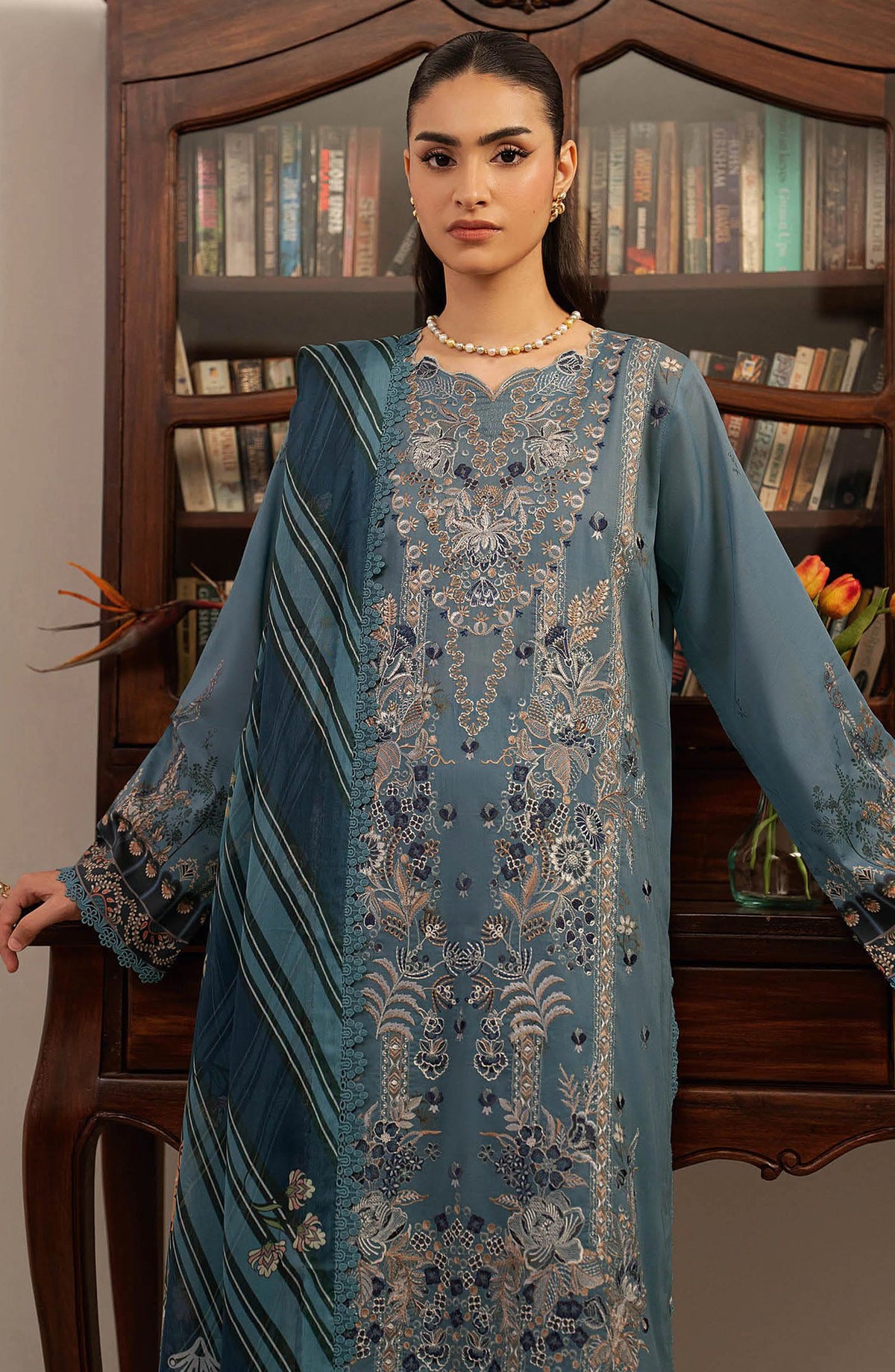 Mashaal by Ramsha Embroidered Lawn Unstitched 3 Piece Suit - L-1601 - RM26LW - Blue - Summer Collection