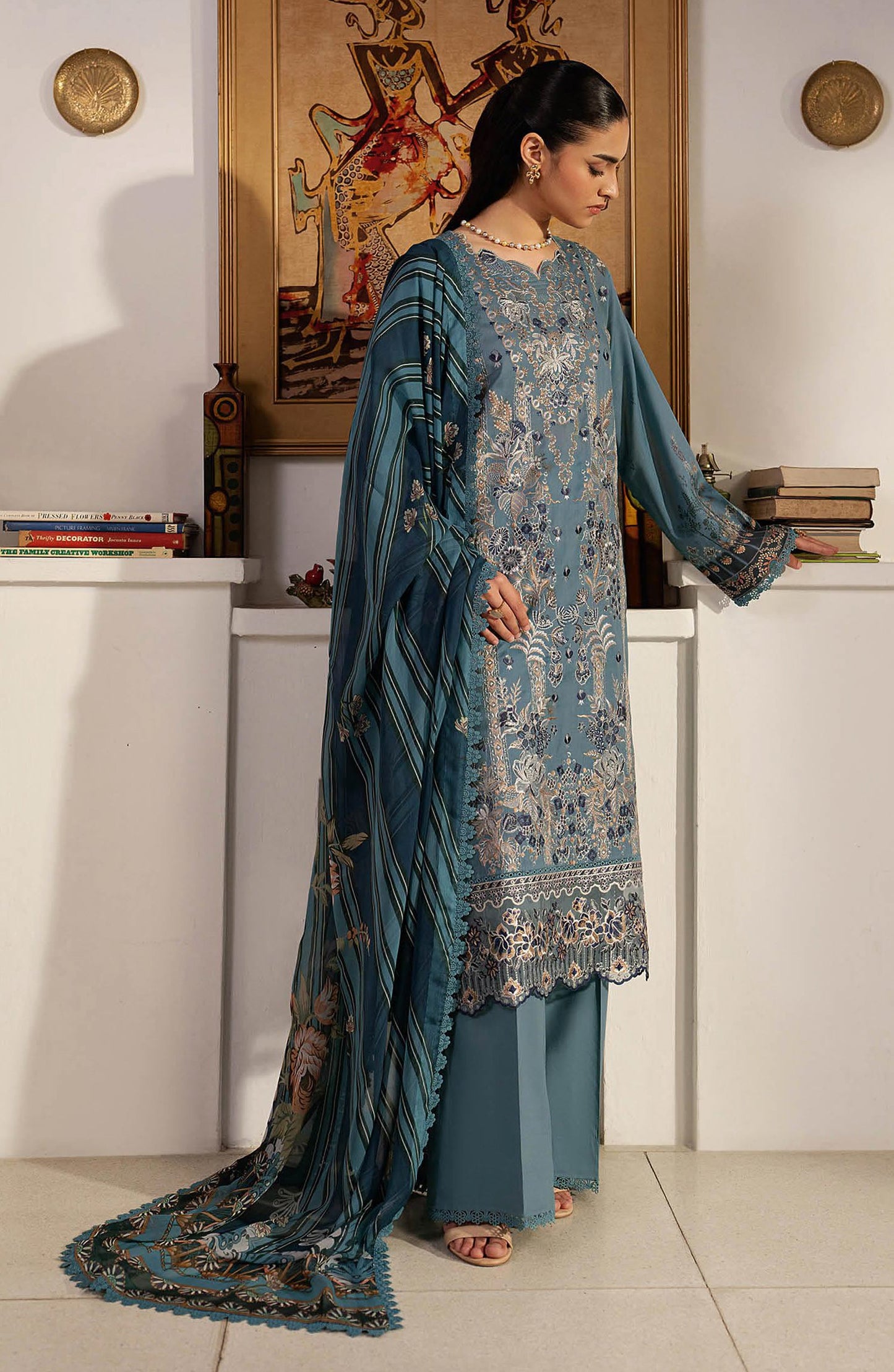 Mashaal by Ramsha Embroidered Lawn Unstitched 3 Piece Suit - L-1601 - RM26LW - Blue - Summer Collection