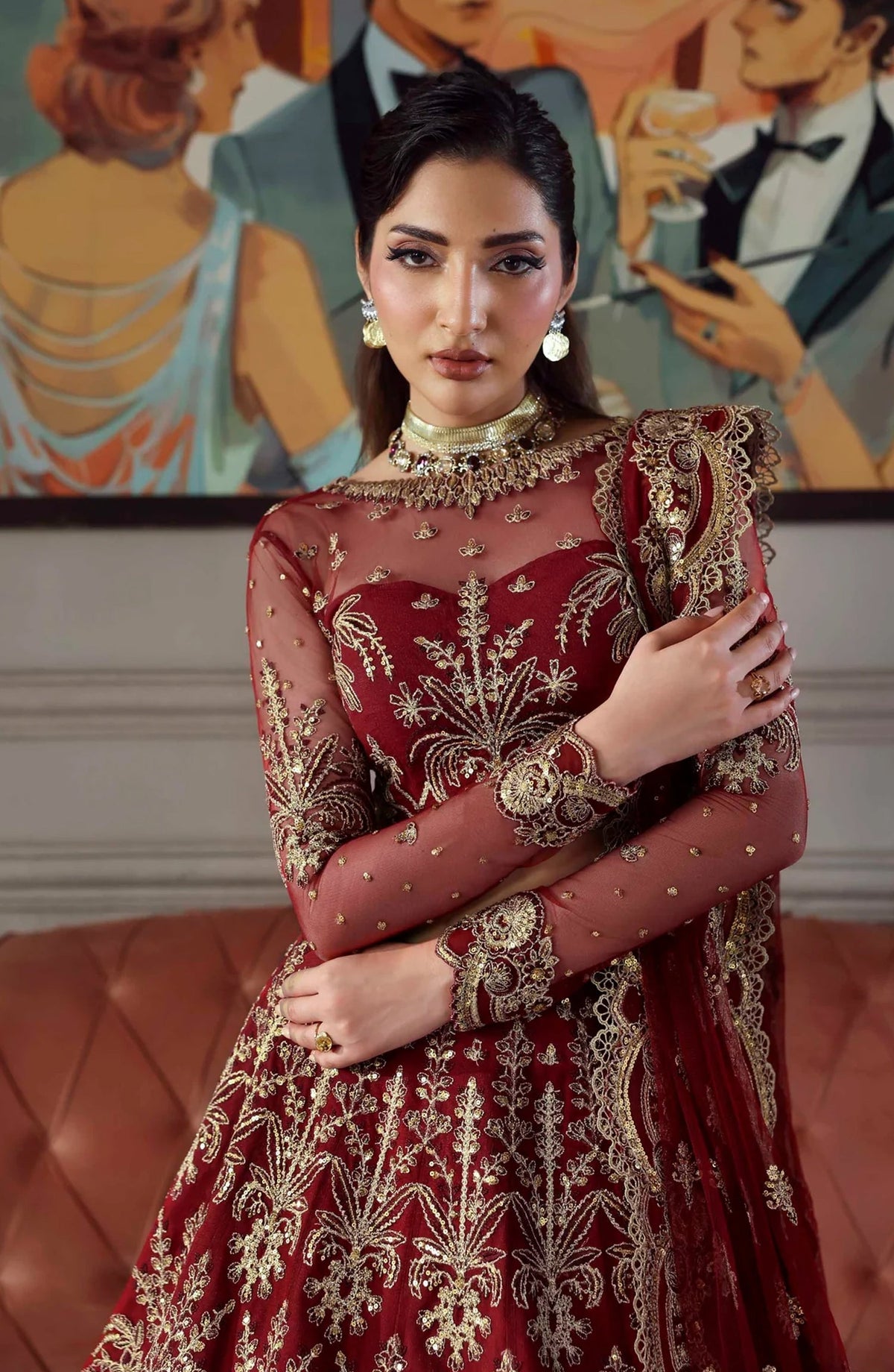 Mastani by Akbar Aslam Luxury Formals Embroidered Net Unstitched 3 Piece Suit - Shahbano - AKA25LFM - Red - Festive Collection