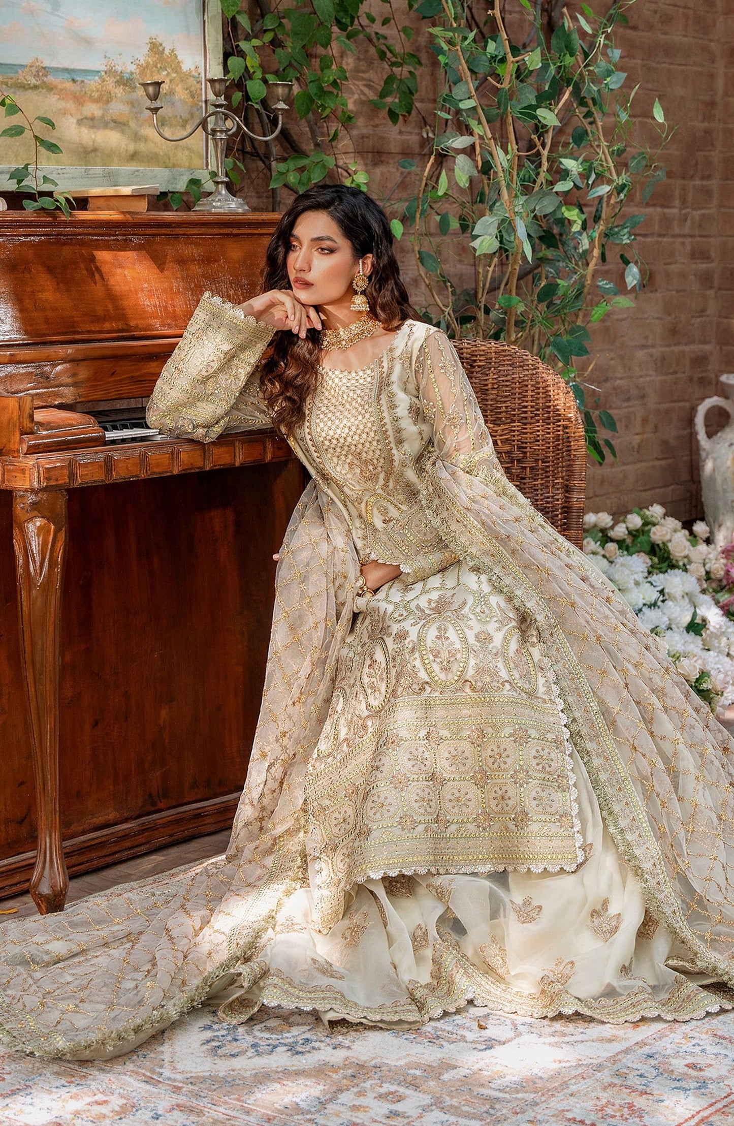 Mastani by Akbar Aslam Luxury Formals Embroidered Net Unstitched 3 Piece Suit - Mehrunisa - AKA25MST - Fawn - Festive Collection