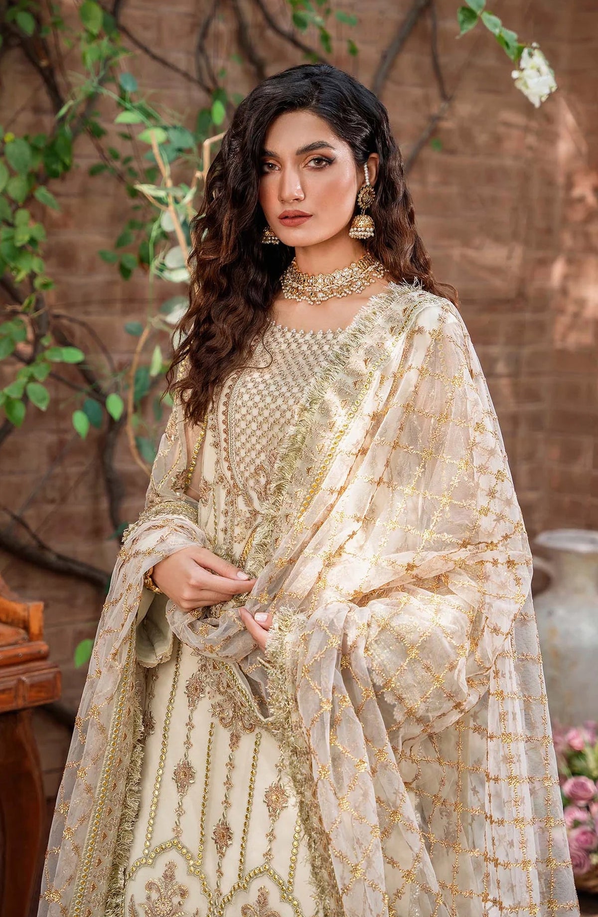 Mastani by Akbar Aslam Luxury Formals Embroidered Net Unstitched 3 Piece Suit - Mehrunisa - AKA25MST - Fawn - Festive Collection