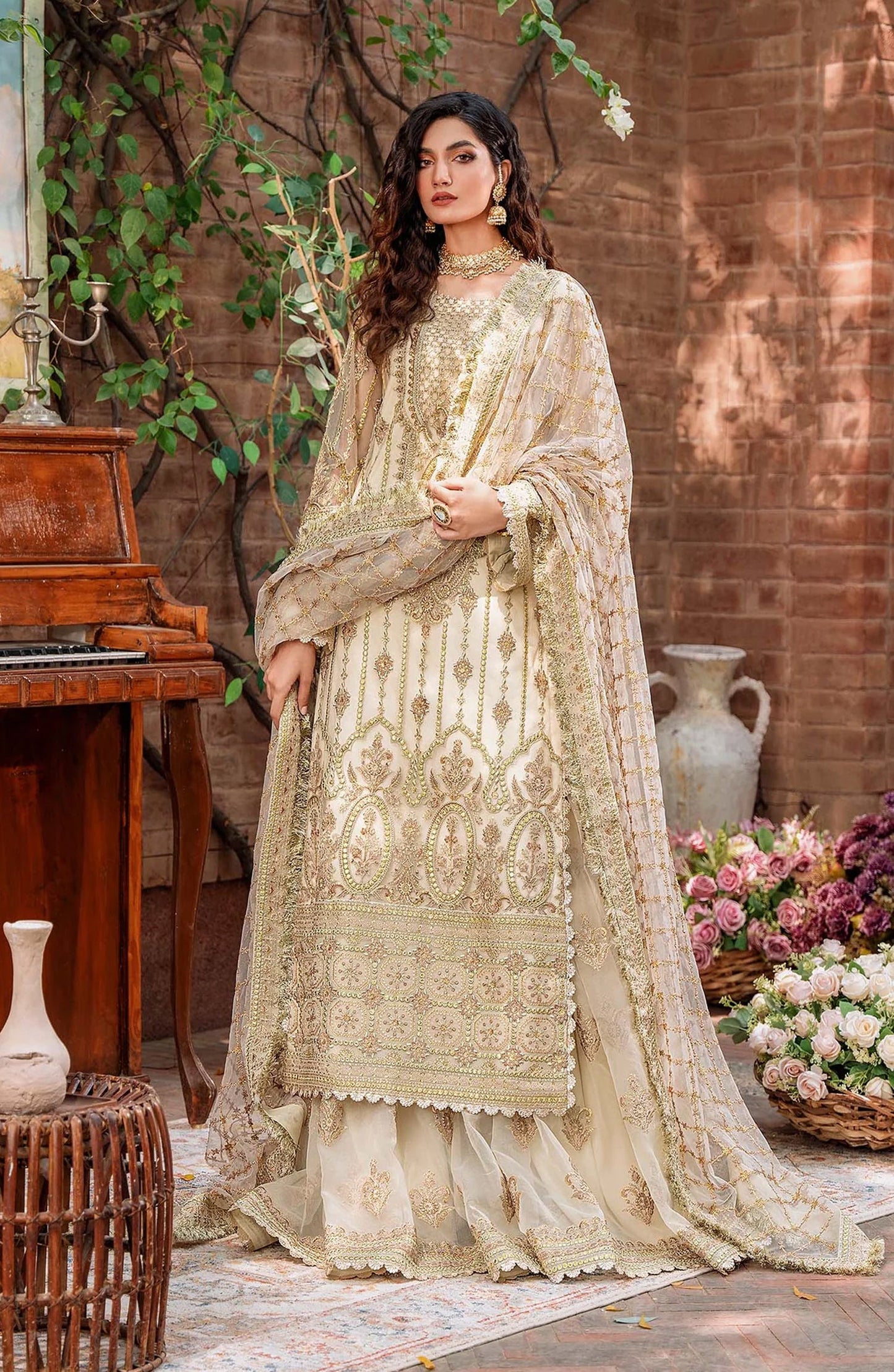 Mastani by Akbar Aslam Luxury Formals Embroidered Net Unstitched 3 Piece Suit - Mehrunisa - AKA25MST - Fawn - Festive Collection