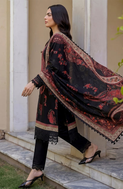 Mausummery Printed Linen Unstitched 3 Piece Suit - 09 Alstroemeria - MU26LN - Black - Winter Collection
