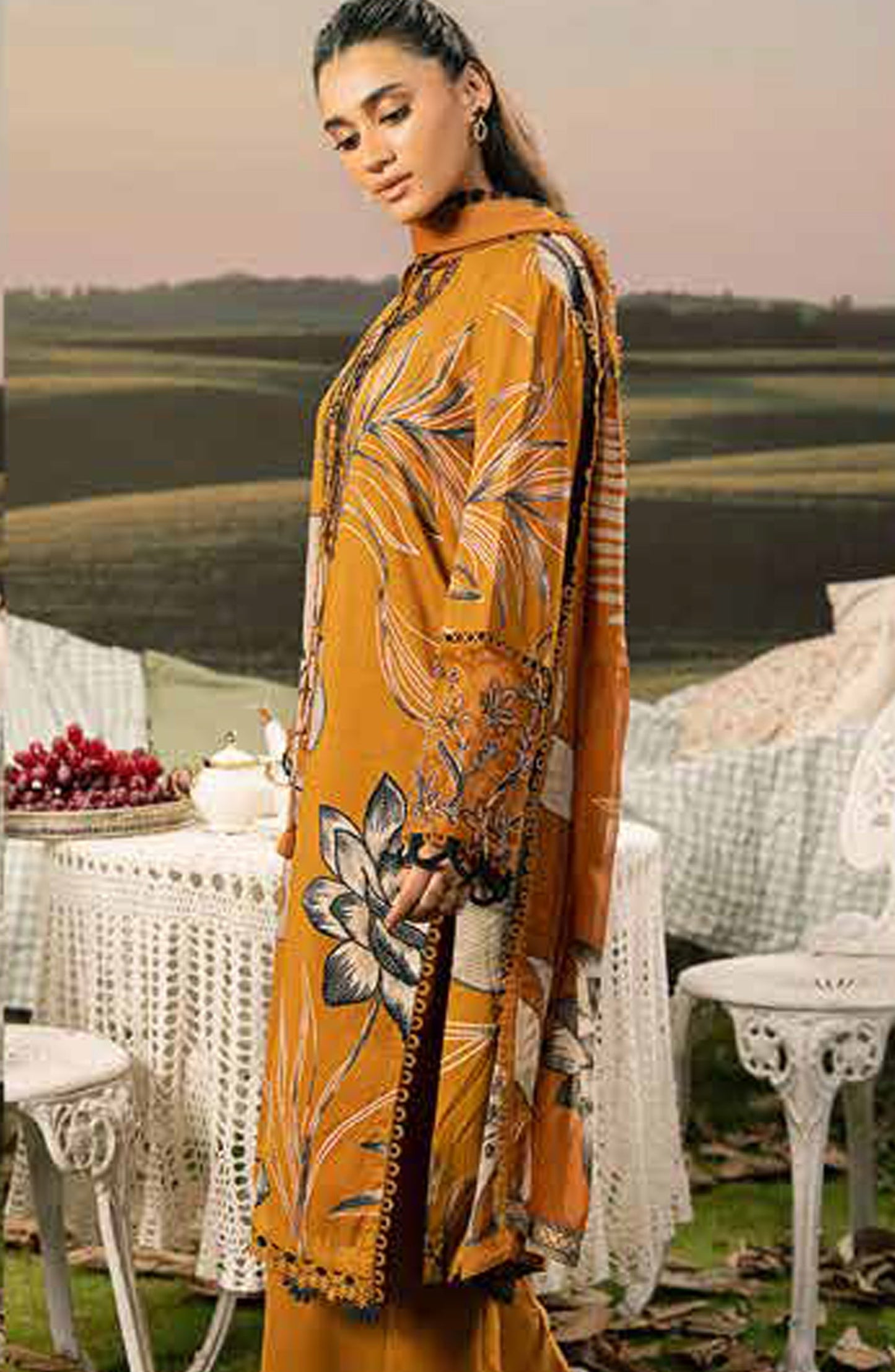 Mbasic Fall Comes Home Embroidered Arabic Lawn Unstitched 3 Piece Suit - 08-A - MB25FALL - Orange - Pre-Fall Collection