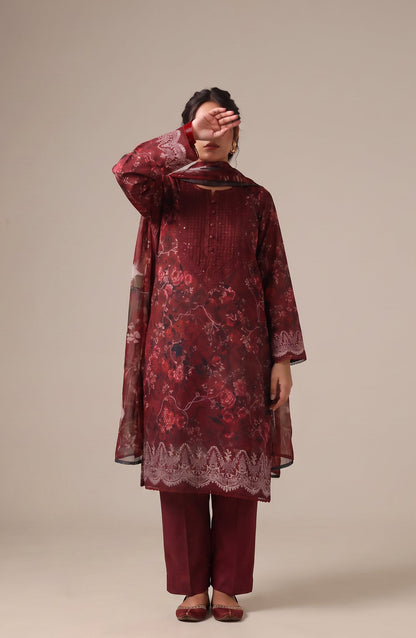Me & She ki Dosti by Amna Khadija Embroidered Lawn Stitched 3 Piece Suit - AKMS-02 - AM26DST - Maroon - Summer Collection