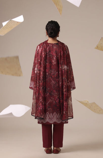 Me & She ki Dosti by Amna Khadija Embroidered Lawn Stitched 3 Piece Suit - AKMS-02 - AM26DST - Maroon - Summer Collection