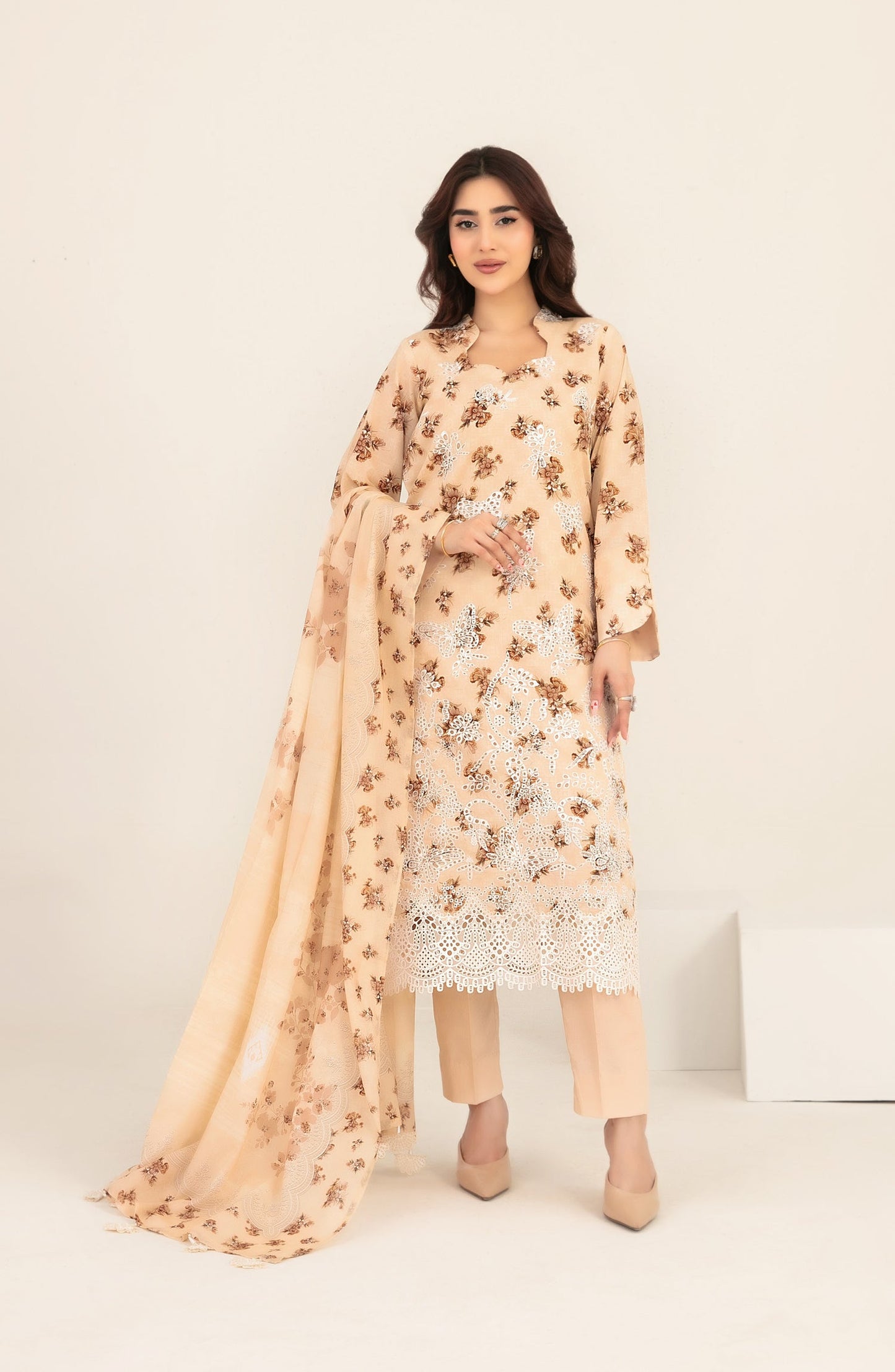 Meem by Tawakkal Fabrics Embroidered Lawn Unstitched 3 Piece Suit - D-3858 - TF26MEM - Peach - Summer Collection