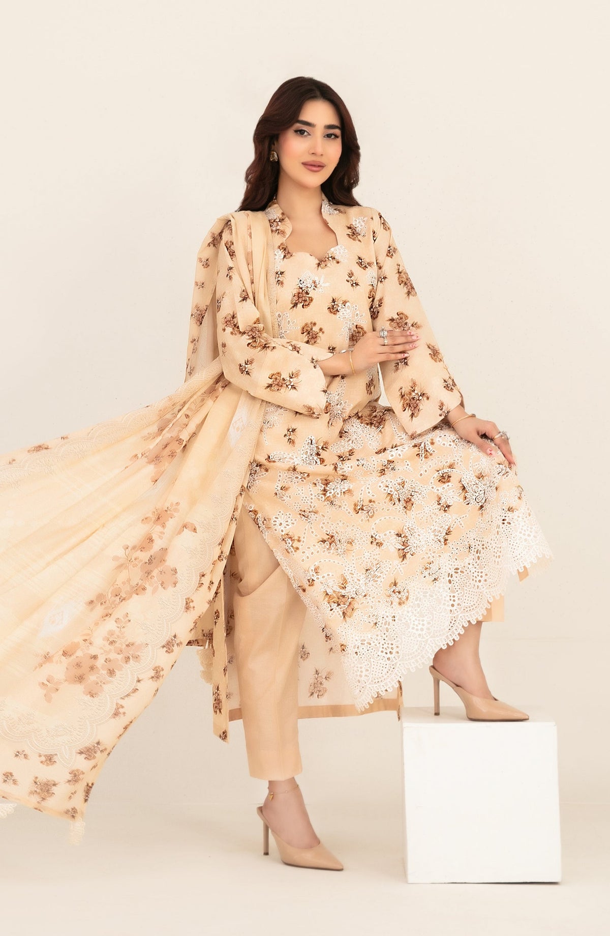 Meem by Tawakkal Fabrics Embroidered Lawn Unstitched 3 Piece Suit - D-3858 - TF26MEM - Peach - Summer Collection