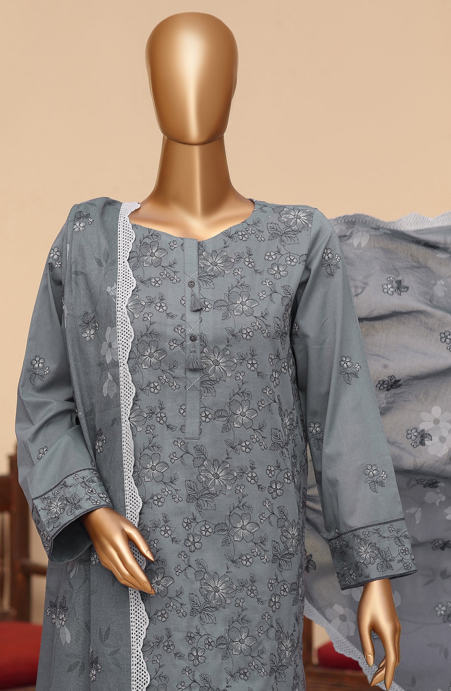 Meeras by HZ Textile Embroidered Lawn Unstitched 3 Piece Suit - D-06 - HZ26MERS - Grey - Summer Collection