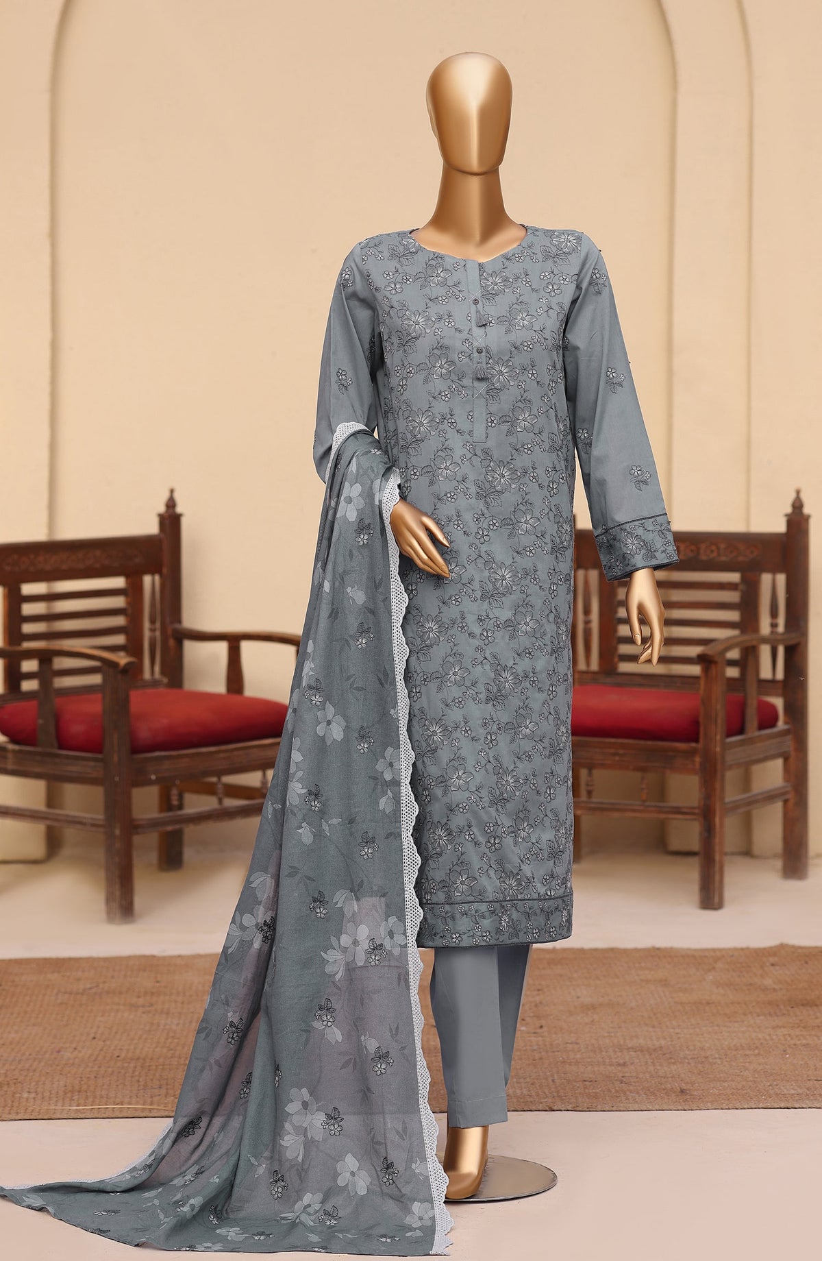 Meeras by HZ Textile Embroidered Lawn Unstitched 3 Piece Suit - D-06 - HZ26MERS - Grey - Summer Collection