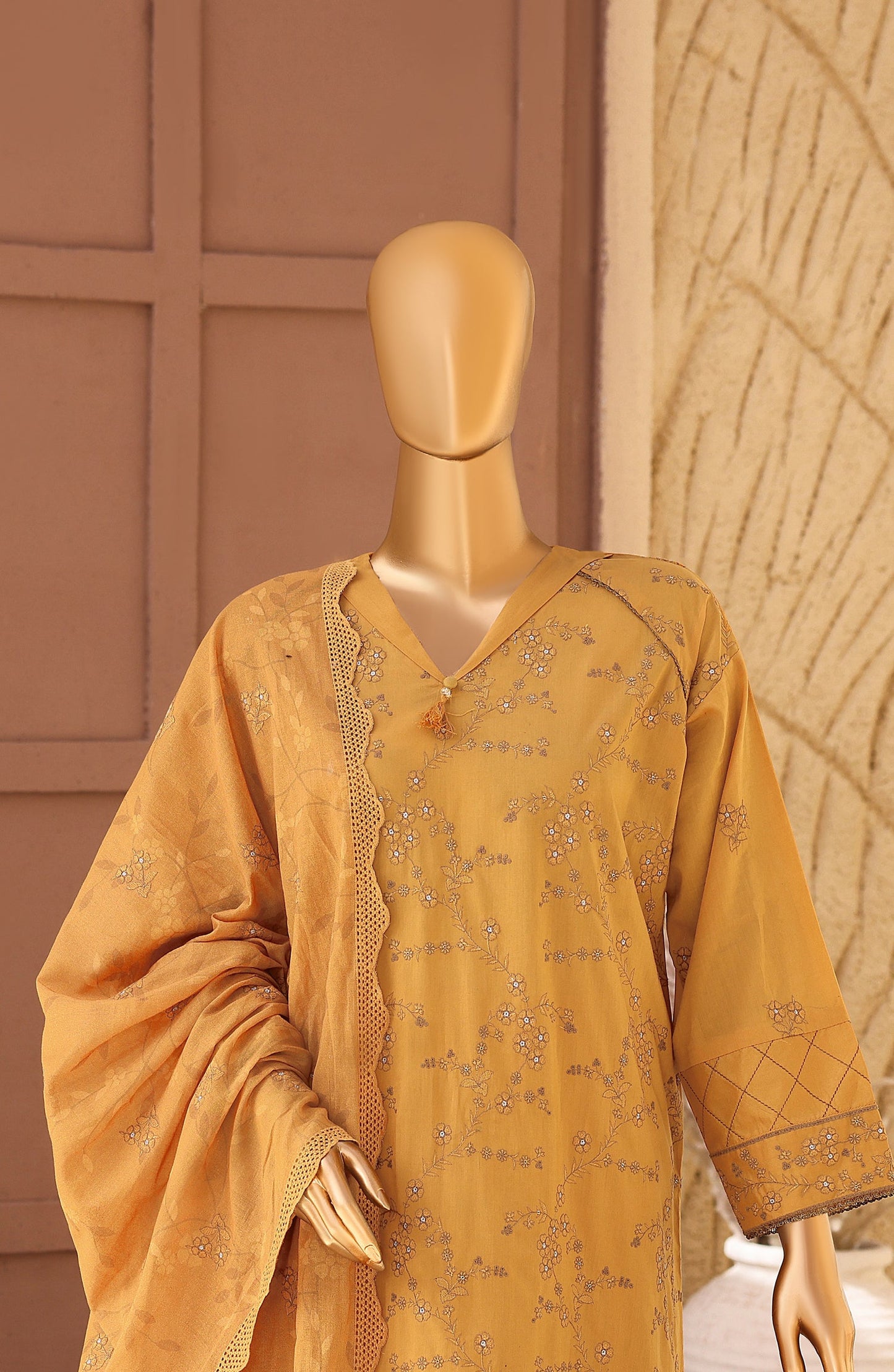 Meeras by HZ Textile Embroidered Lawn Unstitched 3 Piece Suit - D-05 - HZ26MERS - Mustard - Summer Collection