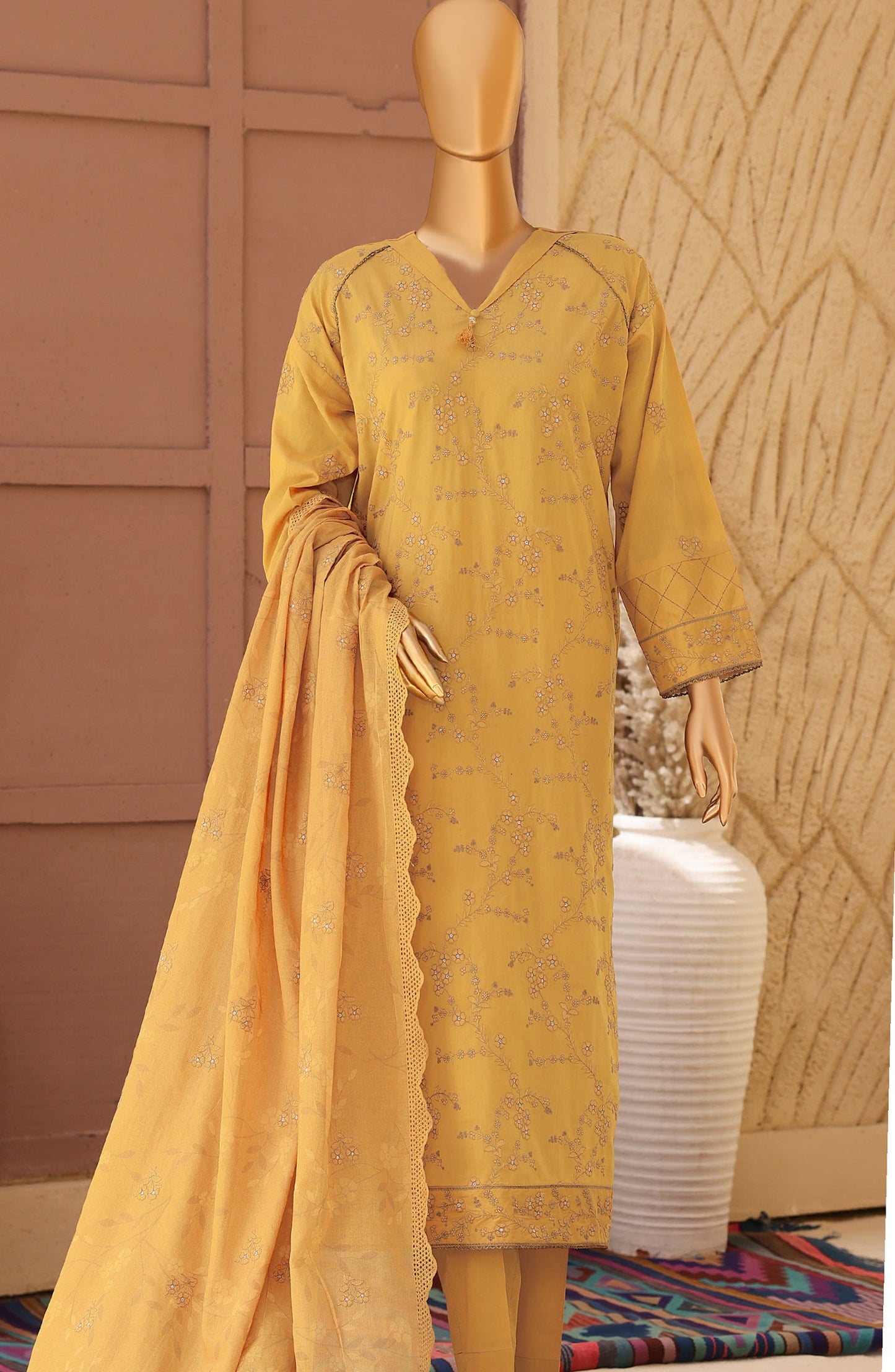 Meeras by HZ Textile Embroidered Lawn Unstitched 3 Piece Suit - D-05 - HZ26MERS - Mustard - Summer Collection