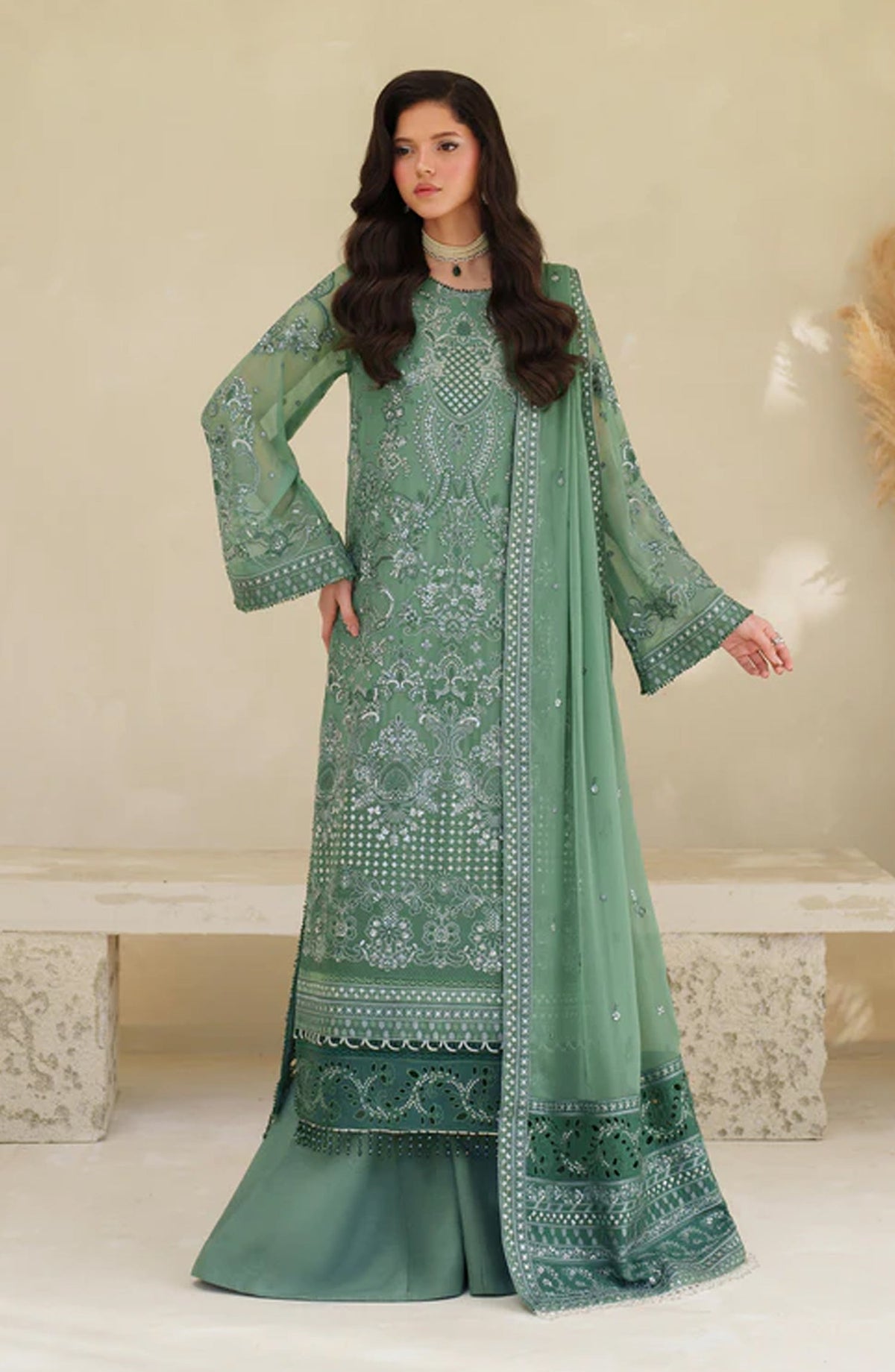 Meesa by Zarif Exclusive Embroidered Chiffon Unstitched 3 Piece Suit - Jiroon - ZRF25MSA - Green - Luxury Formals Collection
