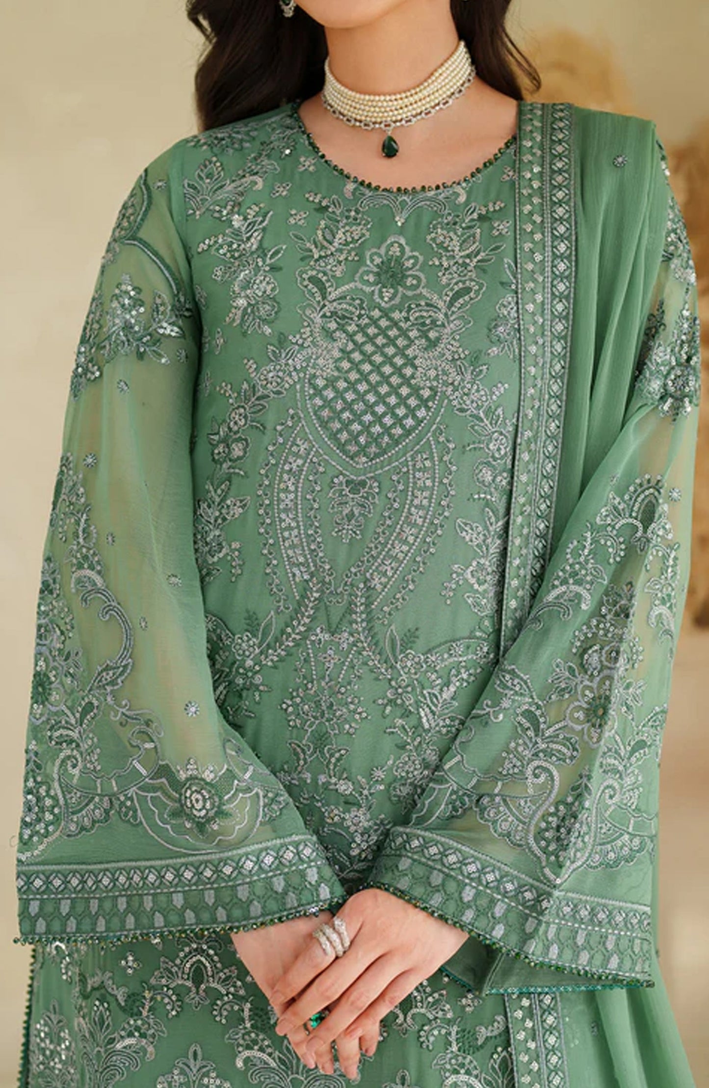 Meesa by Zarif Exclusive Embroidered Chiffon Unstitched 3 Piece Suit - Jiroon - ZRF25MSA - Green - Luxury Formals Collection