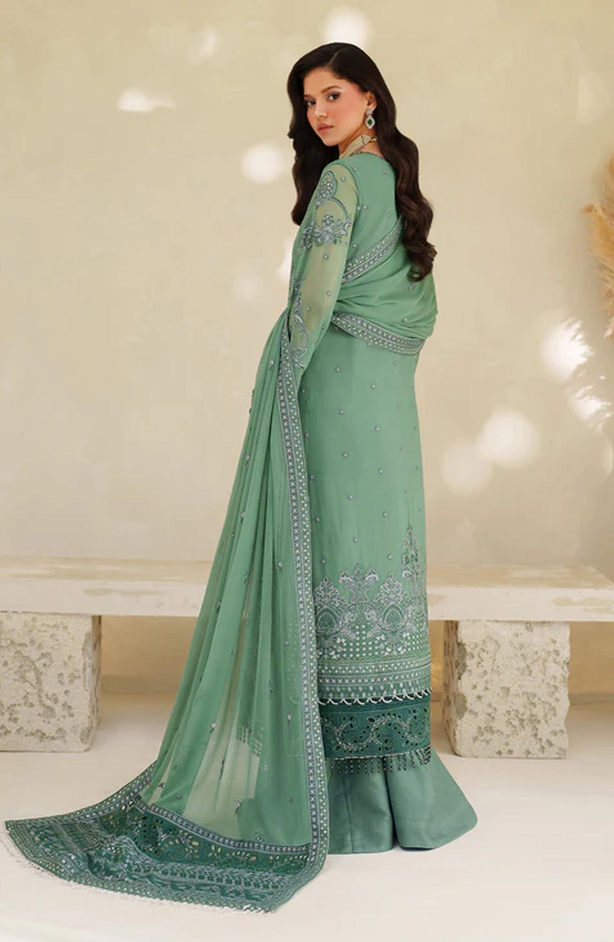 Meesa by Zarif Exclusive Embroidered Chiffon Unstitched 3 Piece Suit - Jiroon - ZRF25MSA - Green - Luxury Formals Collection