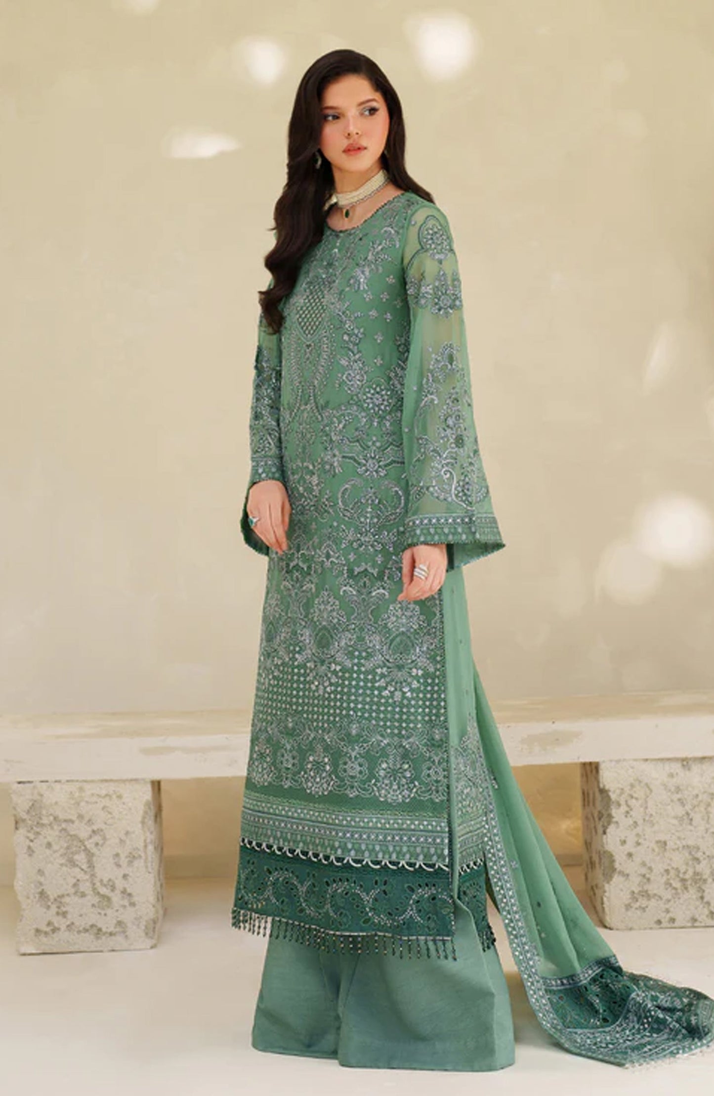 Meesa by Zarif Exclusive Embroidered Chiffon Unstitched 3 Piece Suit - Jiroon - ZRF25MSA - Green - Luxury Formals Collection