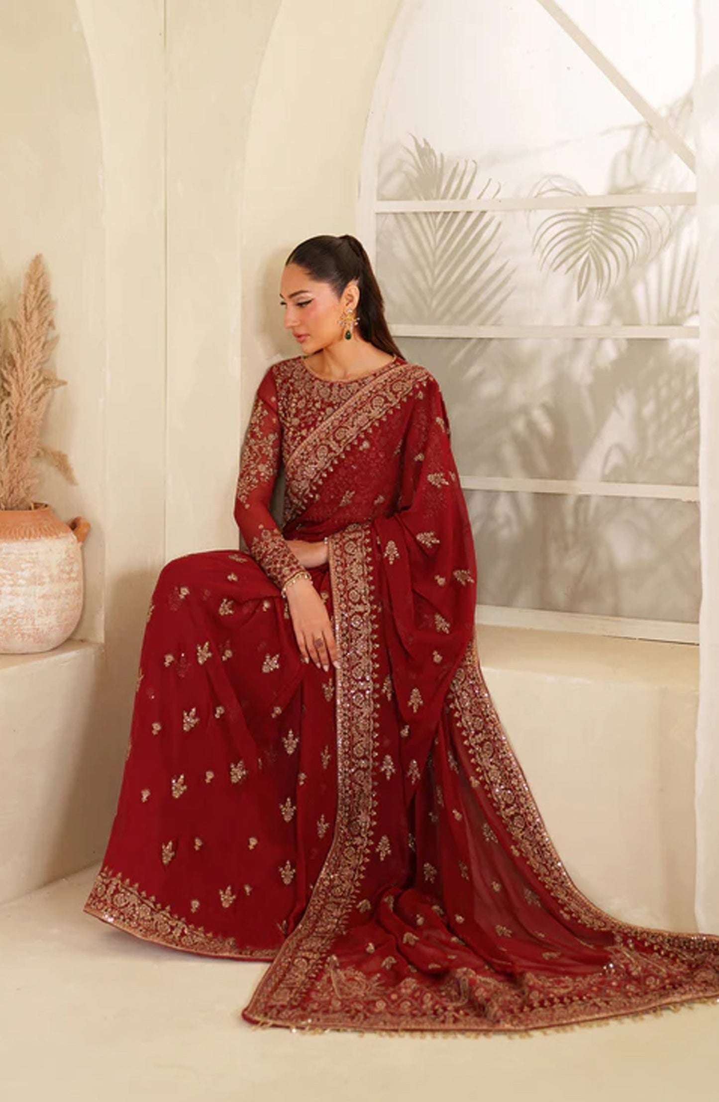 Meesa by Zarif Exclusive Embroidered Chiffon Unstitched 3 Piece Suit - Sumrah - ZRF25MSA - Red - Luxury Formals Collection