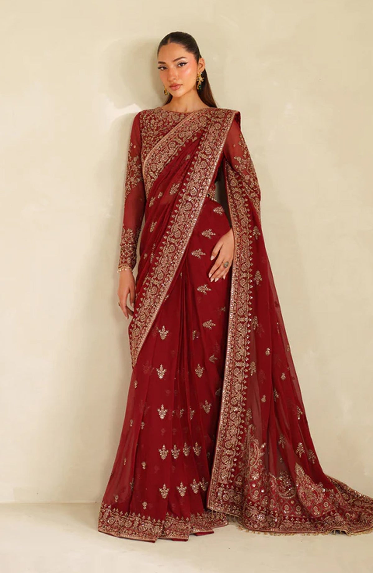 Meesa by Zarif Exclusive Embroidered Chiffon Unstitched 3 Piece Suit - Sumrah - ZRF25MSA - Red - Luxury Formals Collection