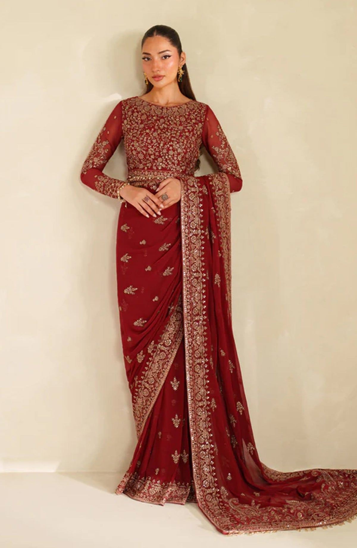 Meesa by Zarif Exclusive Embroidered Chiffon Unstitched 3 Piece Suit - Sumrah - ZRF25MSA - Red - Luxury Formals Collection
