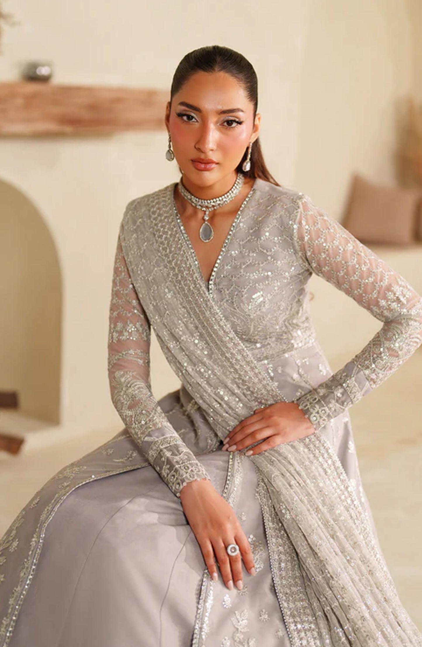 Meesa by Zarif Exclusive Embroidered Net Unstitched 3 Piece Suit - Lemha - ZRF25MSA - Plum - Luxury Formals Collection