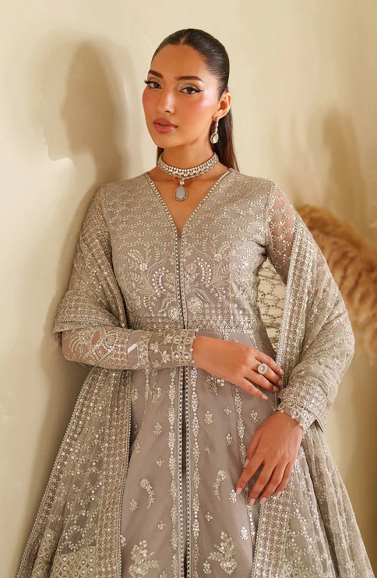 Meesa by Zarif Exclusive Embroidered Net Unstitched 3 Piece Suit - Lemha - ZRF25MSA - Plum - Luxury Formals Collection
