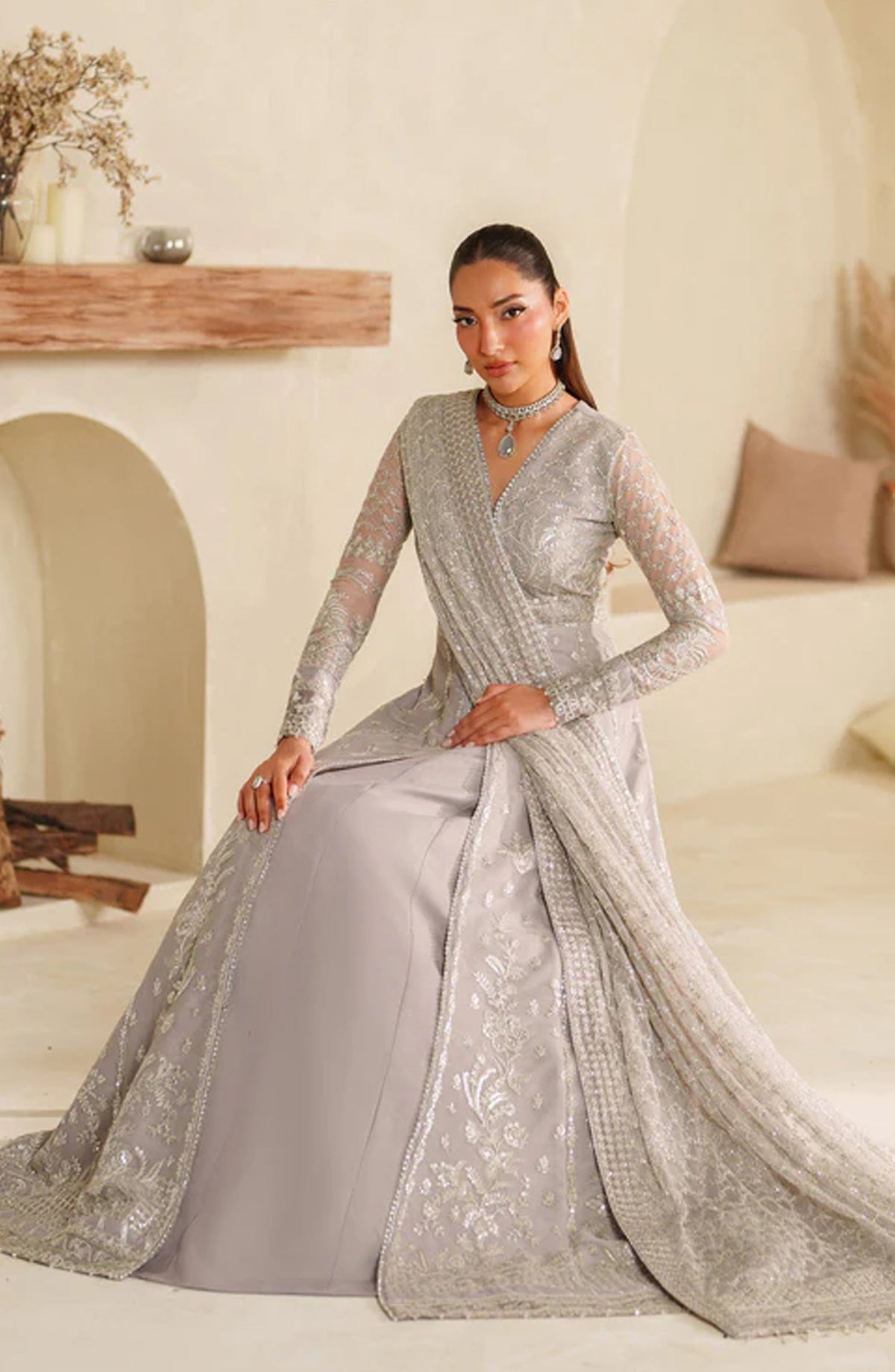Meesa by Zarif Exclusive Embroidered Net Unstitched 3 Piece Suit - Lemha - ZRF25MSA - Plum - Luxury Formals Collection