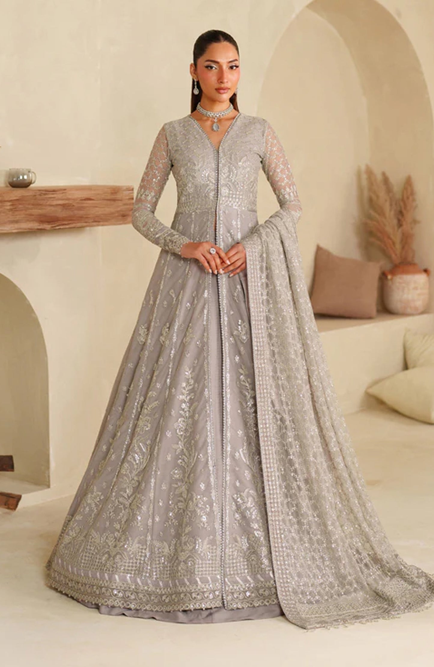 Meesa by Zarif Exclusive Embroidered Net Unstitched 3 Piece Suit - Lemha - ZRF25MSA - Plum - Luxury Formals Collection