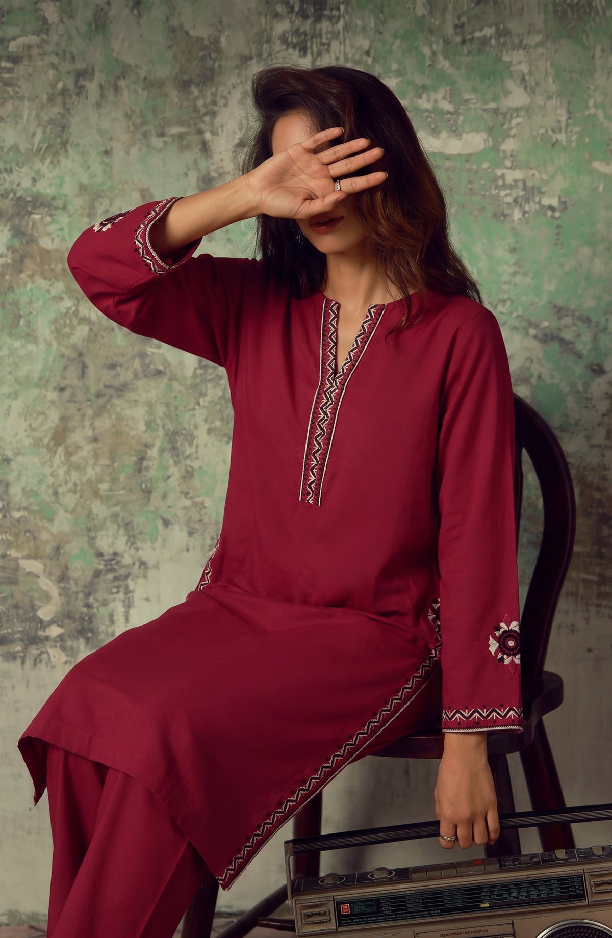 Miras by Amna Khadija Embroidered Cotton Stitched 2 Piece Co-ord Set - AKM-02 - AM26MRAS - Red - Summer Collection