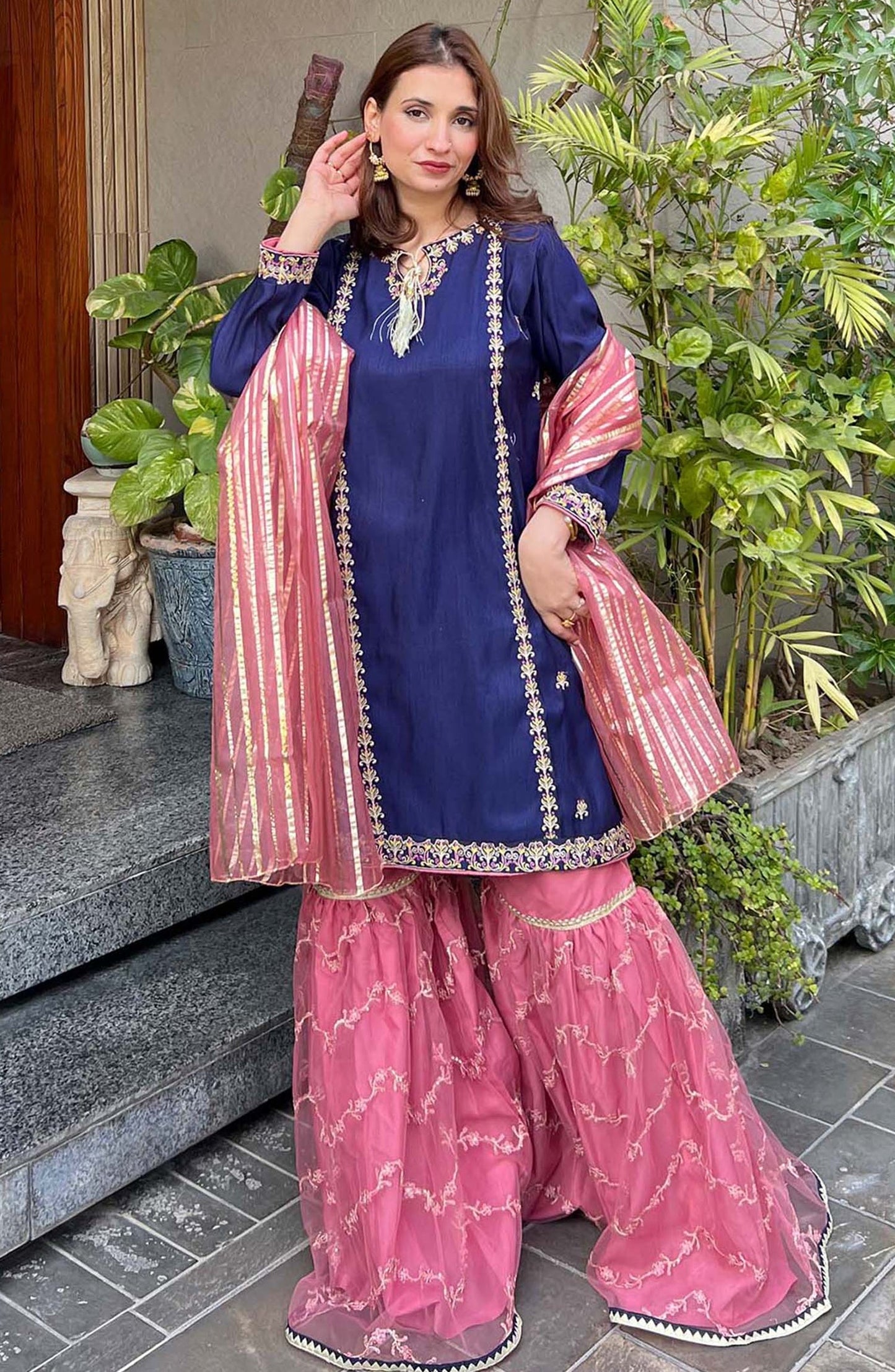 Modest Embroidered Raw Silk Stitched 3 Piece Suit - Gulnoor W289-Blu - MOD25PRF - Blue - Festive Collection