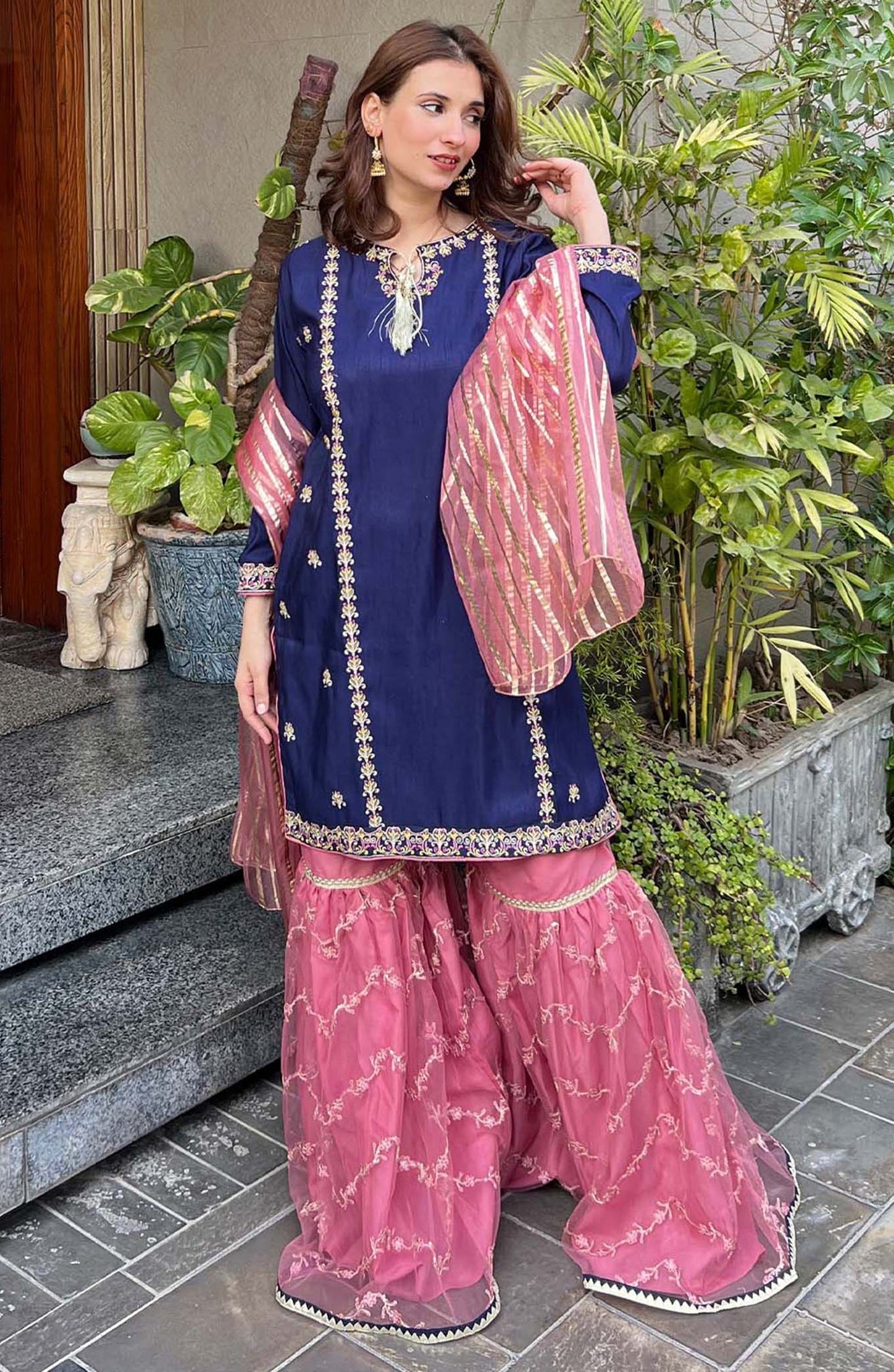 Modest Embroidered Raw Silk Stitched 3 Piece Suit - Gulnoor W289-Blu - MOD25PRF - Blue - Festive Collection
