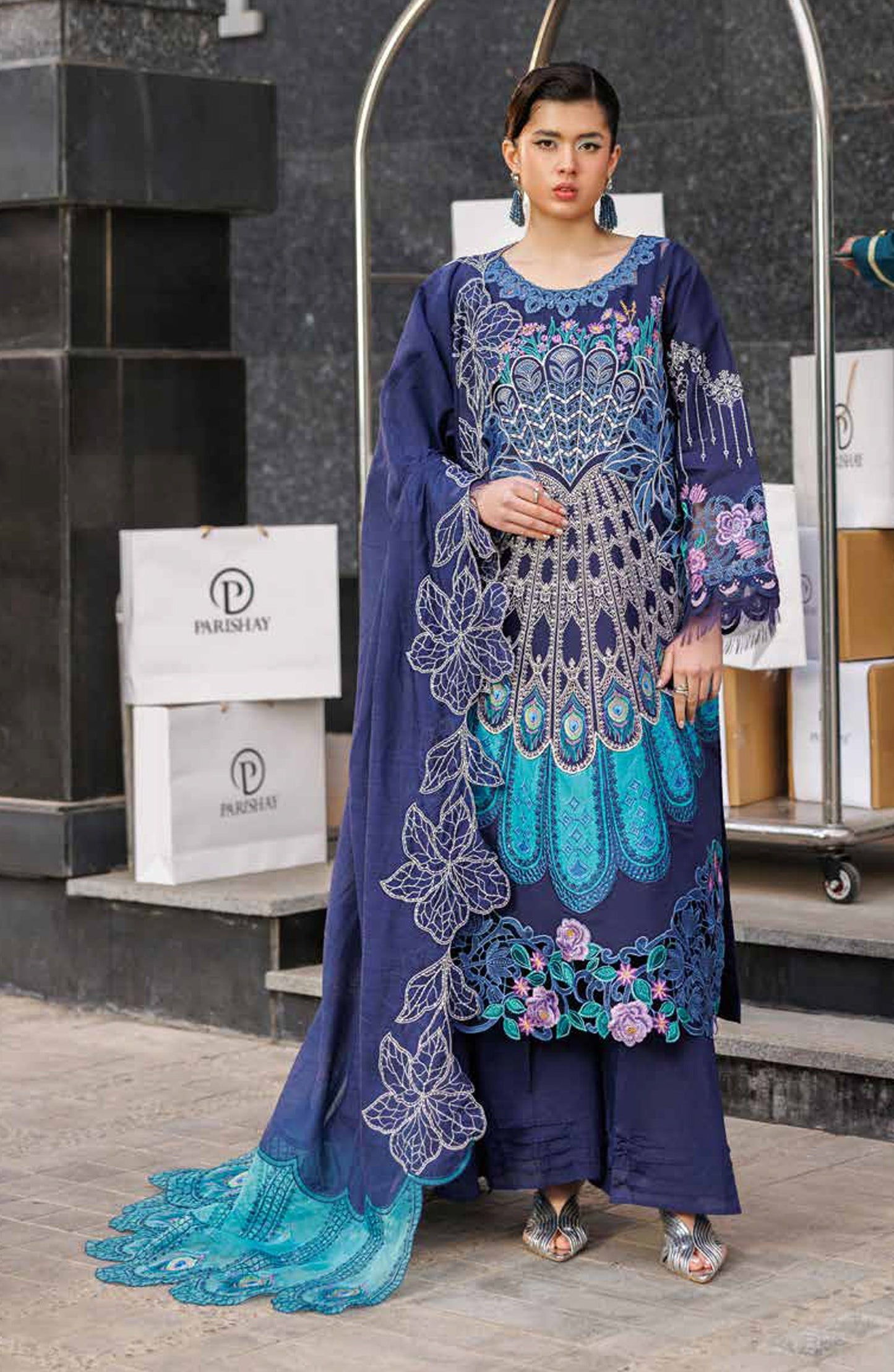 Monaco by Parishay Luxury Embroidered Lawn Unstitched 3 Piece Suit - MN-10 - PS26MNC - Blue - Summer Collection