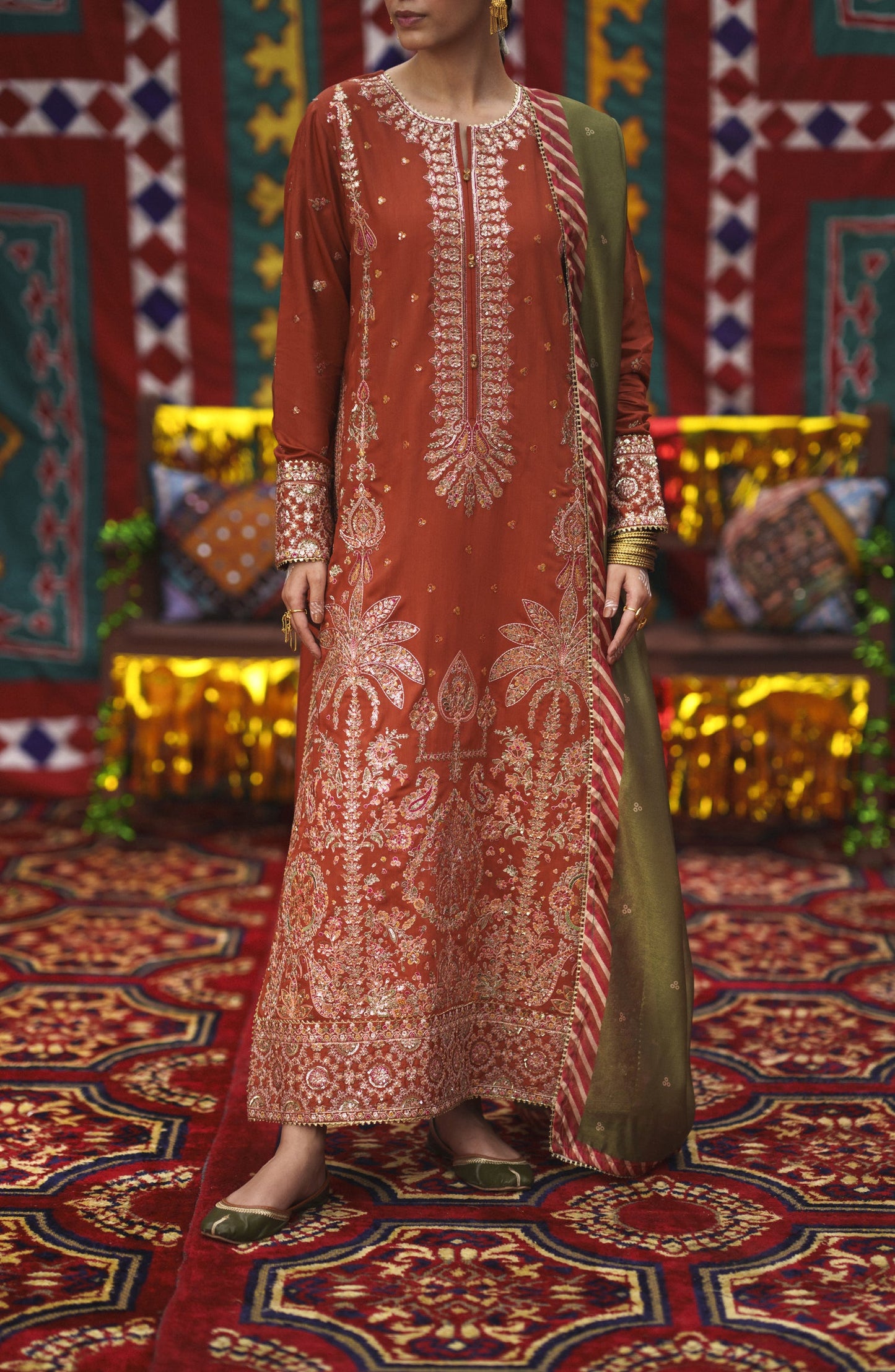 Casual Lite Mubarak Embroidered Silk Viscose Stitched 3 Piece Suit - 01 Gulnaar - CL26MRK - Orange - Festive Collection
