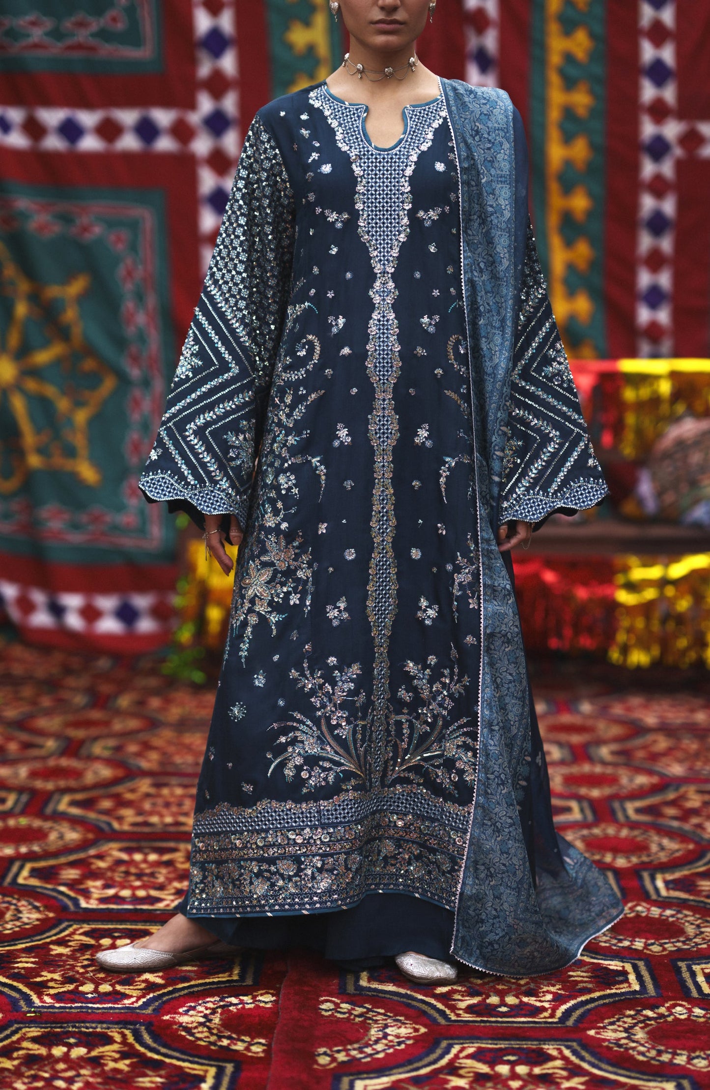 Casual Lite Mubarak Embroidered Silk Viscose Stitched 3 Piece Suit - 02 Neelofar - CL26MRK - Blue - Festive Collection