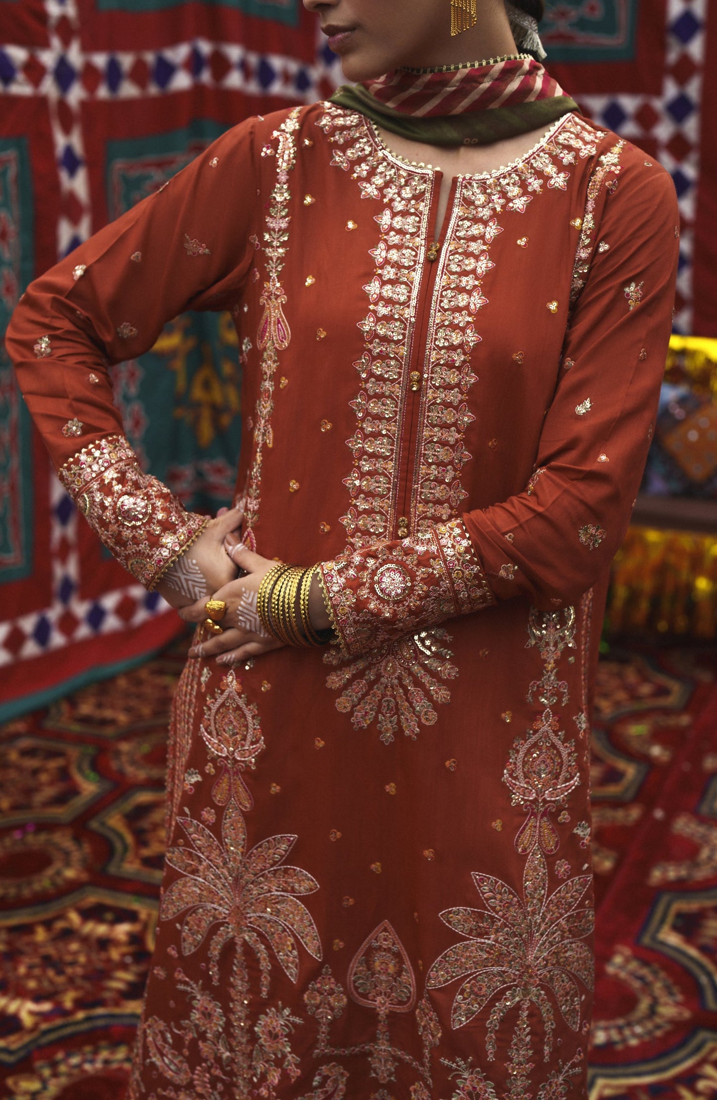 Casual Lite Mubarak Embroidered Silk Viscose Stitched 3 Piece Suit - 01 Gulnaar - CL26MRK - Orange - Festive Collection