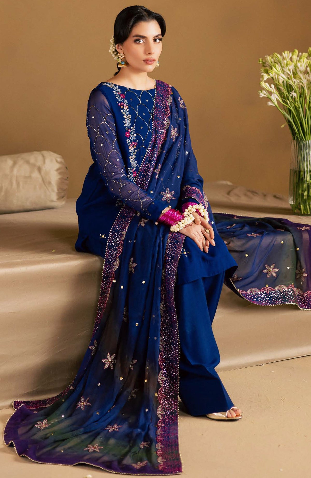 Mukeshkari by Nureh Embroidered Chiffon Unstitched 3 Piece Suit - MK-15 - NU25MSHK - Blue - Luxury Collection