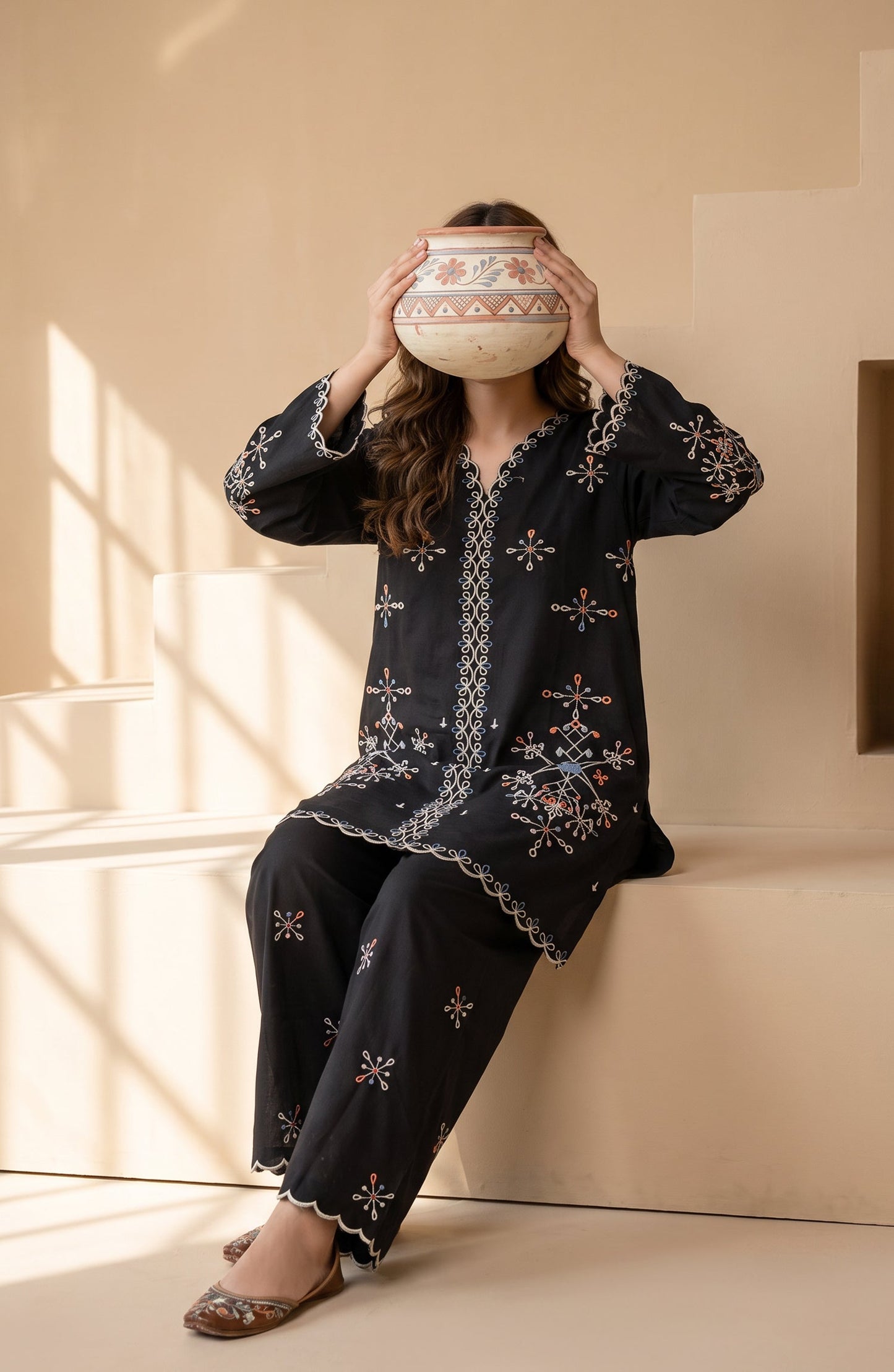 Mulaqaat by Amna Khadija Embroidered Cotton Cambric Stitched 2 Piece Co-ord Set - AKMEC-06 - AM26MULQ - Black - Summer Collection