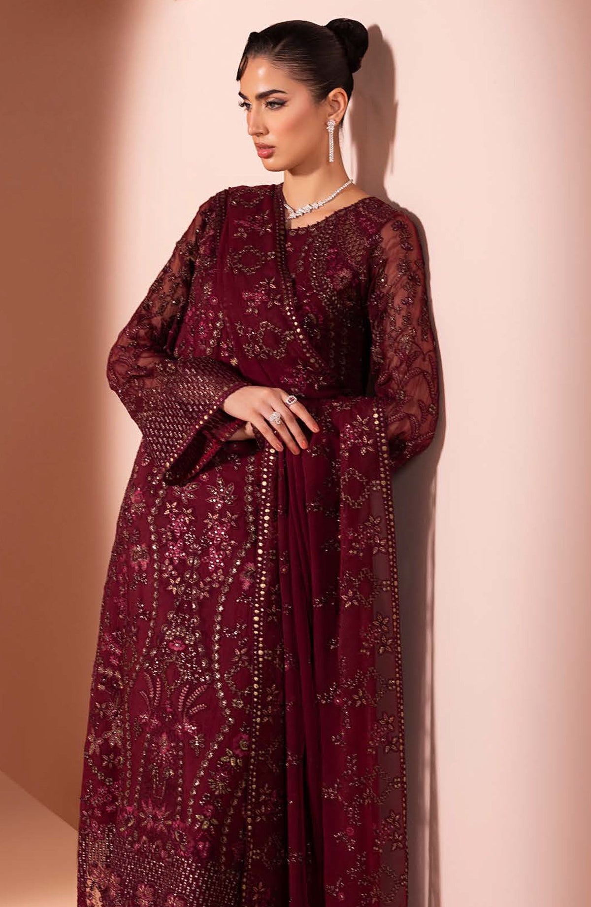 Murawat by Lavish Premium Luxury Embroidered Chiffon Unstitched 3 Piece Suit - D-01 - LP25MRW - Maroon - Formals Collection