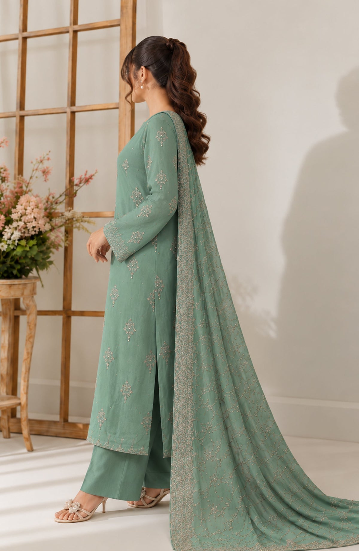 Muse by Amna Khadija Embroidered Silk Unstitched 3 Piece Suit - AKMF-16 - AM26MST - Green - Formal Collection