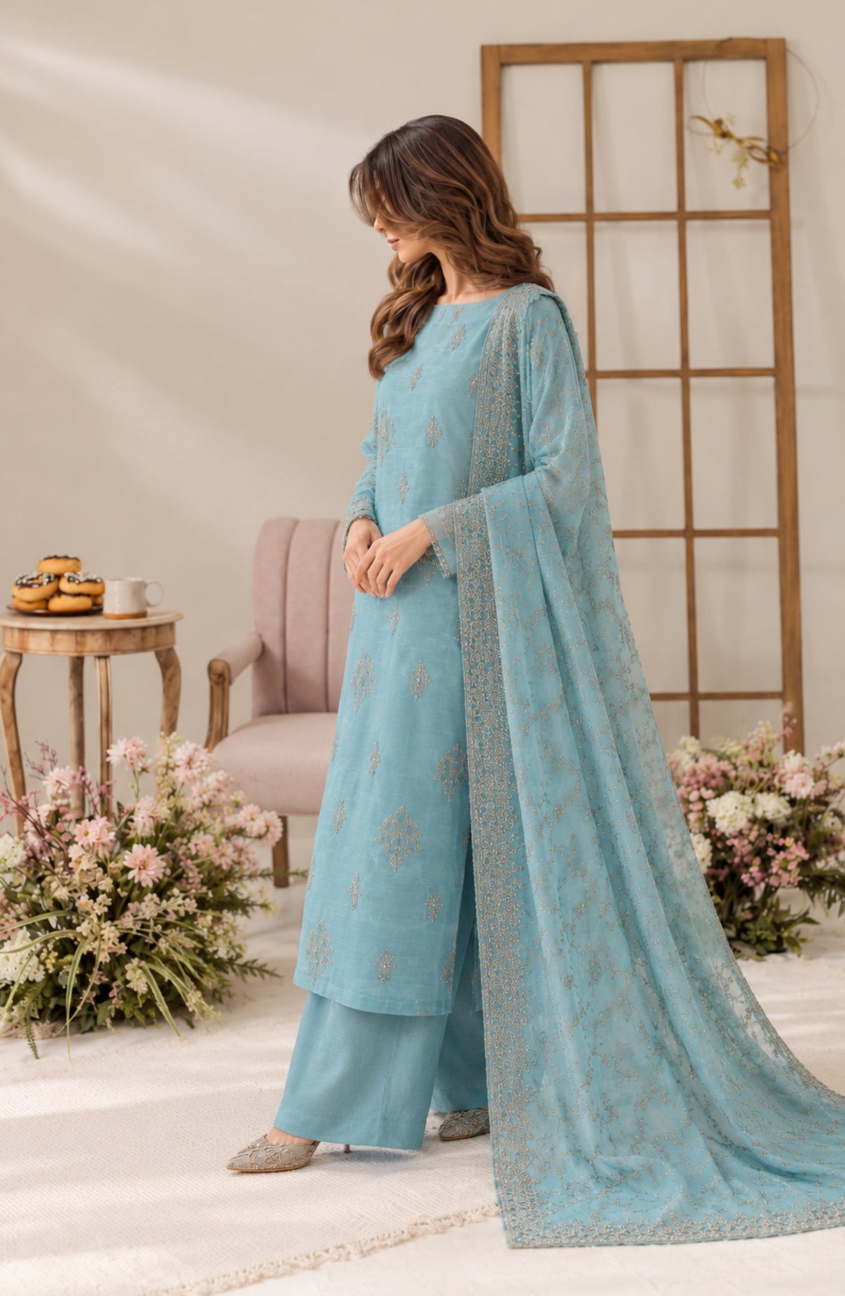 Muse by Amna Khadija Embroidered Silk Unstitched 3 Piece Suit - AKMF-20 - AM26MST - Ice Blue - Formal Collection
