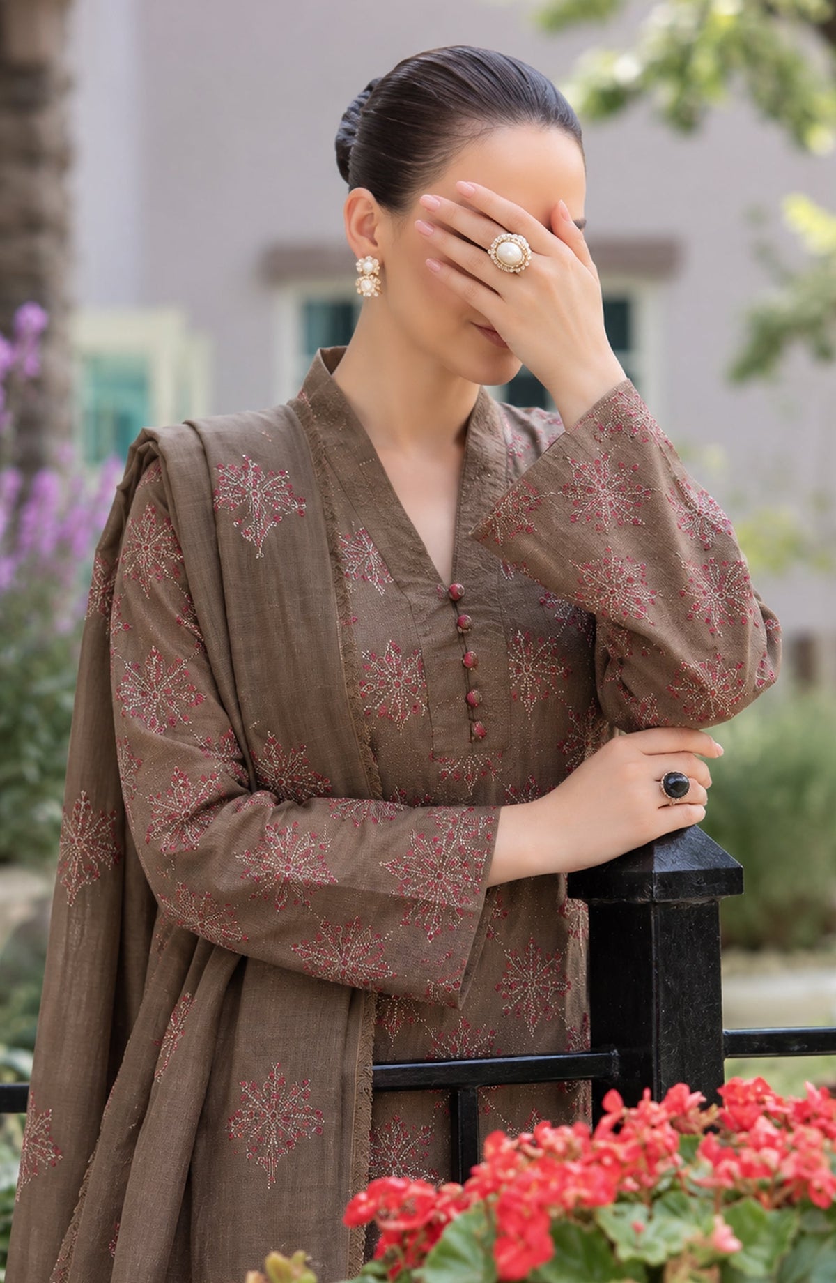 Muse by Amna Khadija Embroidered Cambric Unstitched 3 Piece Suit - AKMF-01 - AM26MSE - Brown - Formals Collection