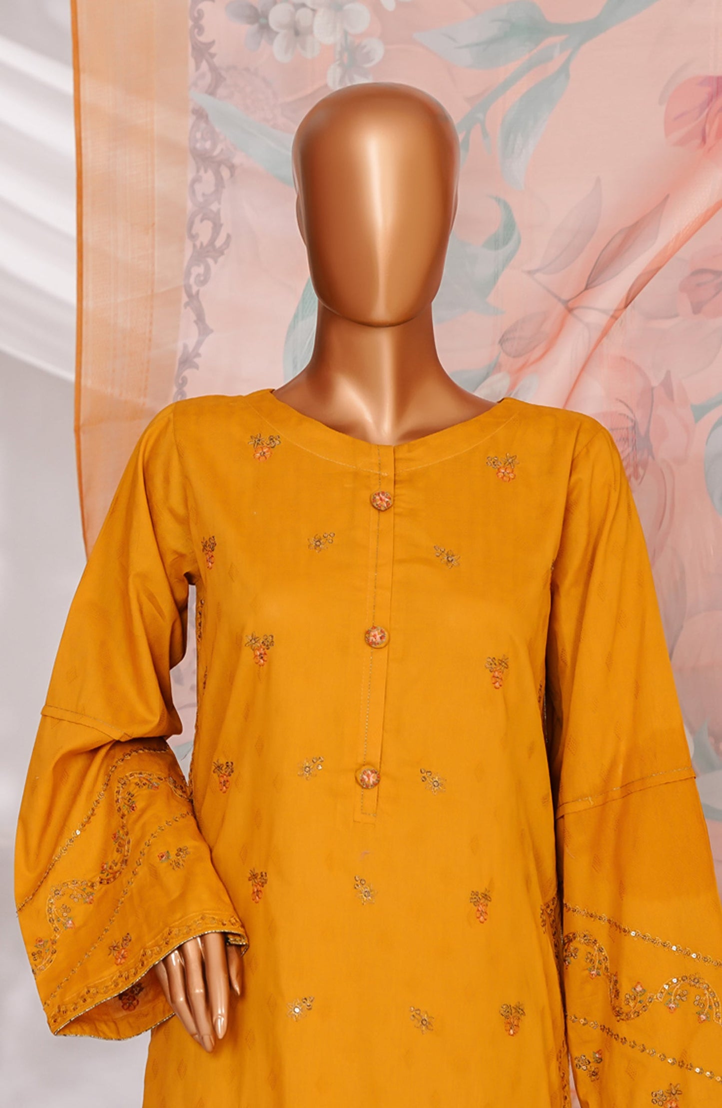 Muse by HZ Textile Embroidered Cotton Self Jacquard Stitched 3 Piece Suit - SSJ-2506 - HZ25MSCT - Mustard - Summer Collection