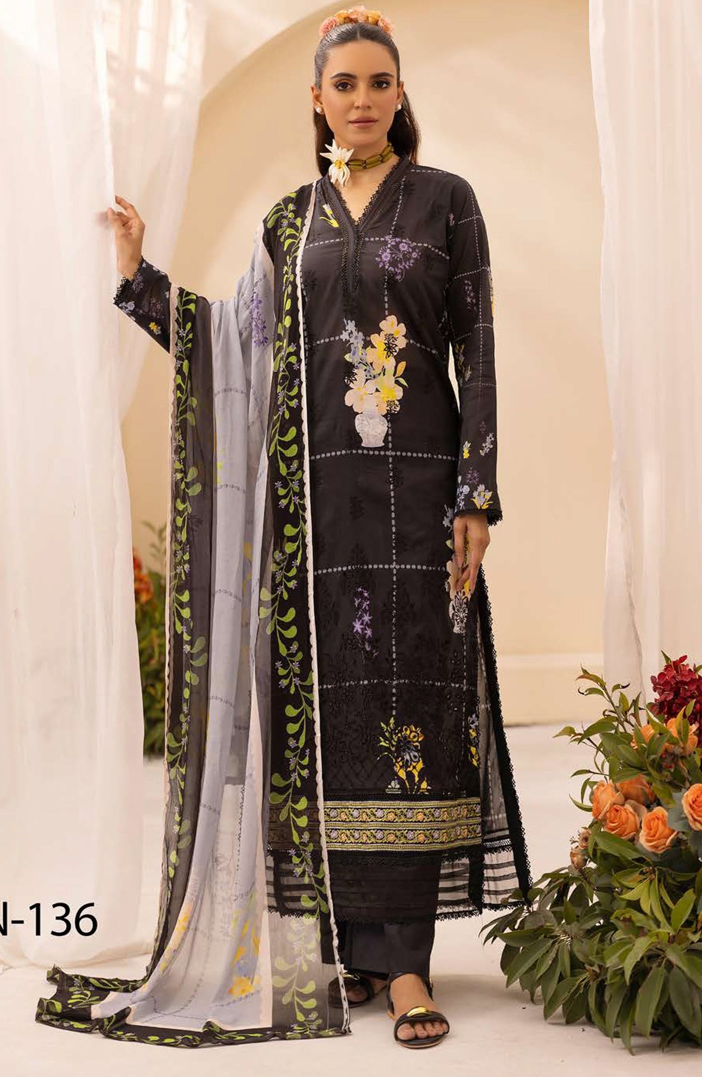 NUR Prints by Al Karim Embroidered Lawn Unstitched 3 Piece Suit - N-136 - AK26NRP - Black - Summer Collection