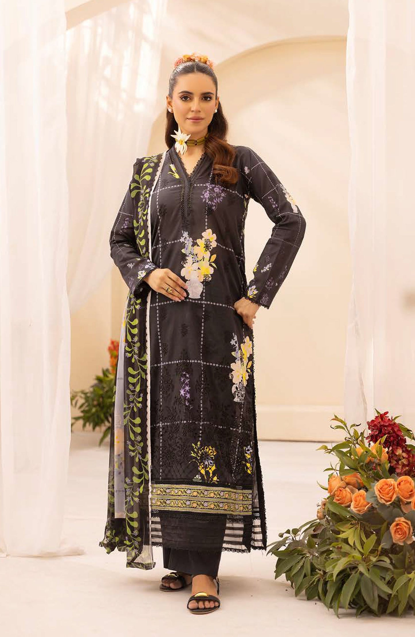 NUR Prints by Al Karim Embroidered Lawn Unstitched 3 Piece Suit - N-136 - AK26NRP - Black - Summer Collection