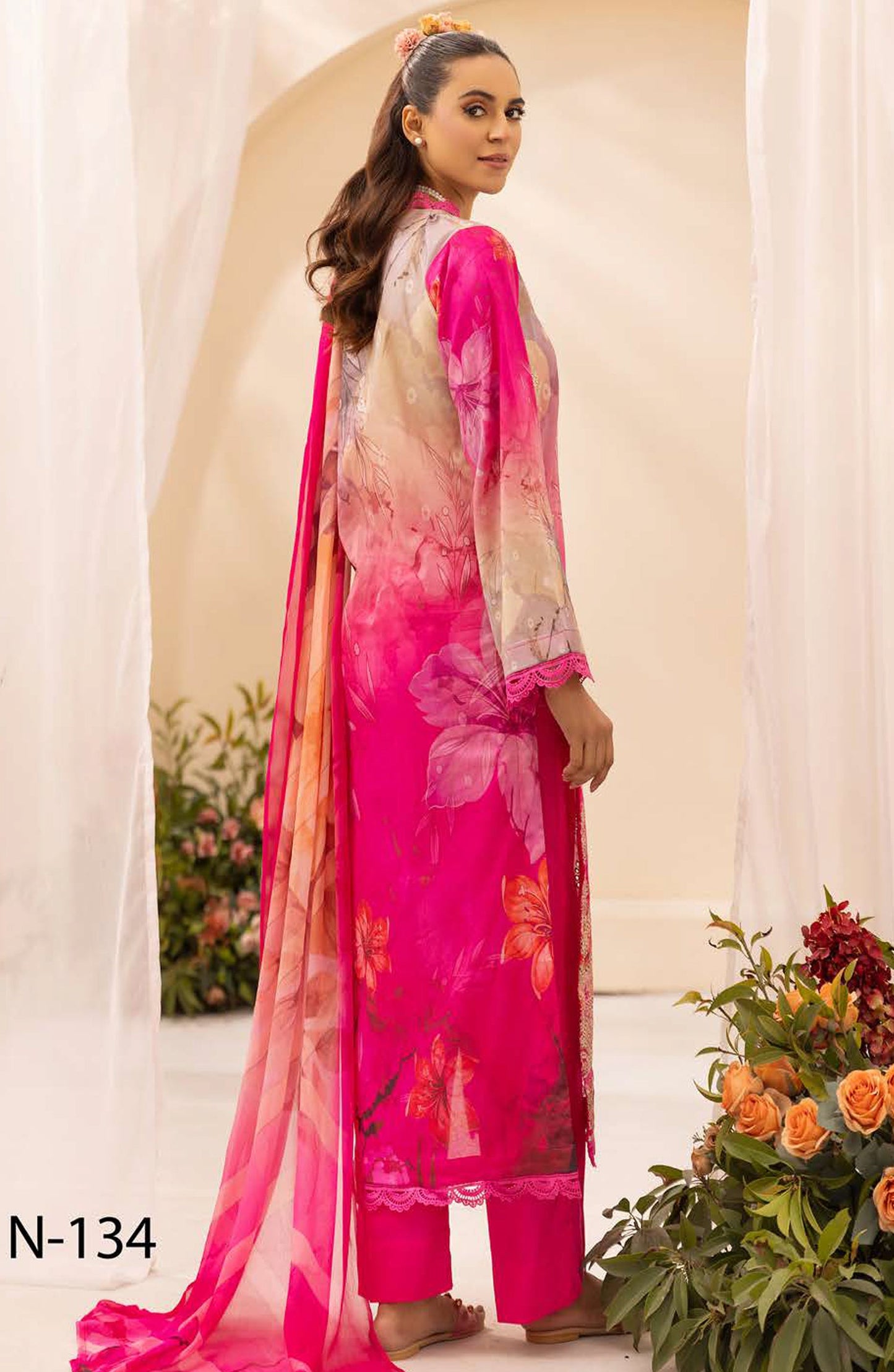 NUR Prints by Al Karim Embroidered Lawn Unstitched 3 Piece Suit - N-134 - AK26NRP - Pink - Summer Collection
