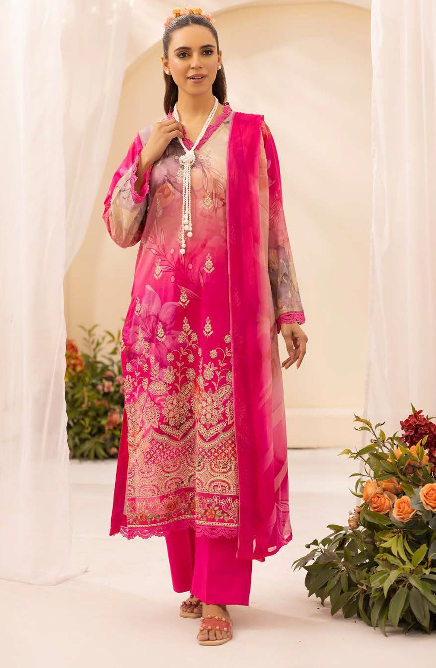NUR Prints by Al Karim Embroidered Lawn Unstitched 3 Piece Suit - N-134 - AK26NRP - Pink - Summer Collection
