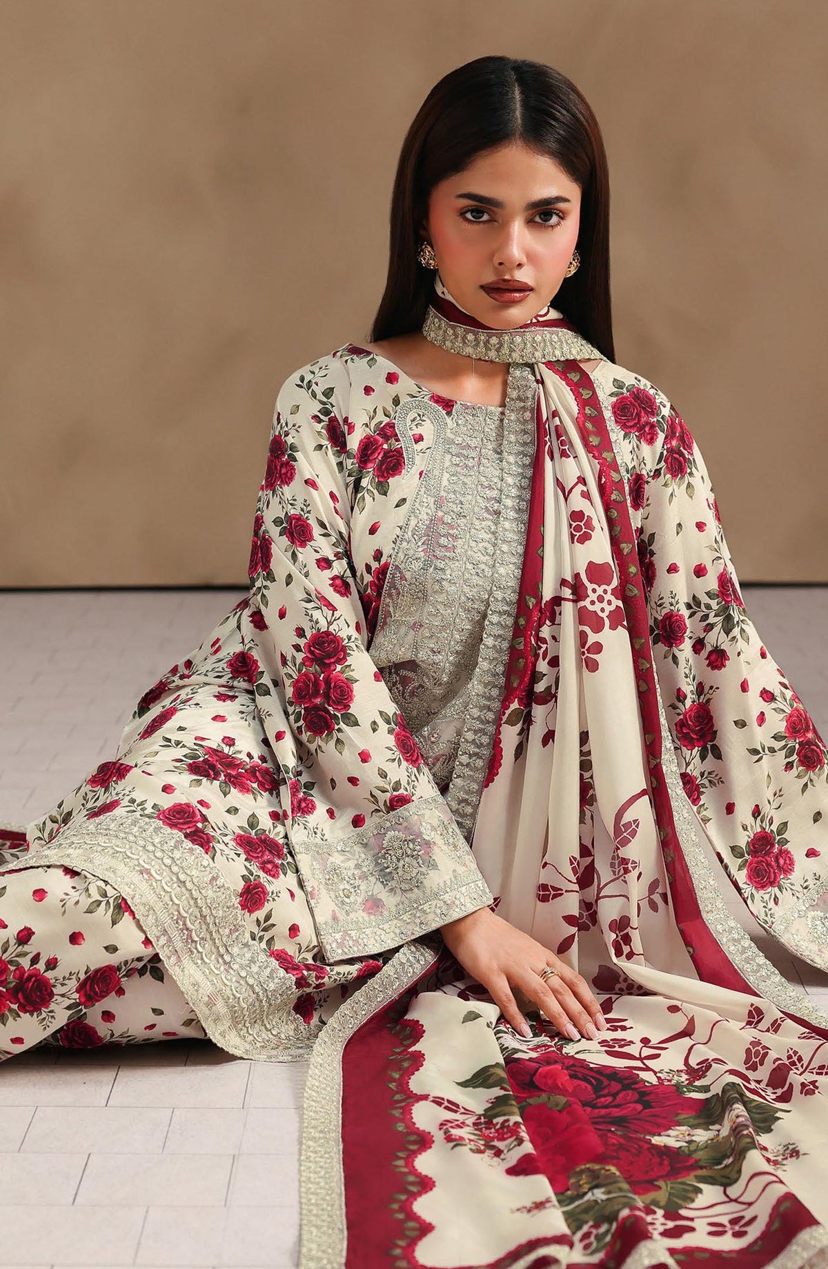 Naqsh by Ramsha Embroidered Raw Silk Unstitched 3 Piece Suit - RS-203 - RM26NQ - Red - Winter Collection