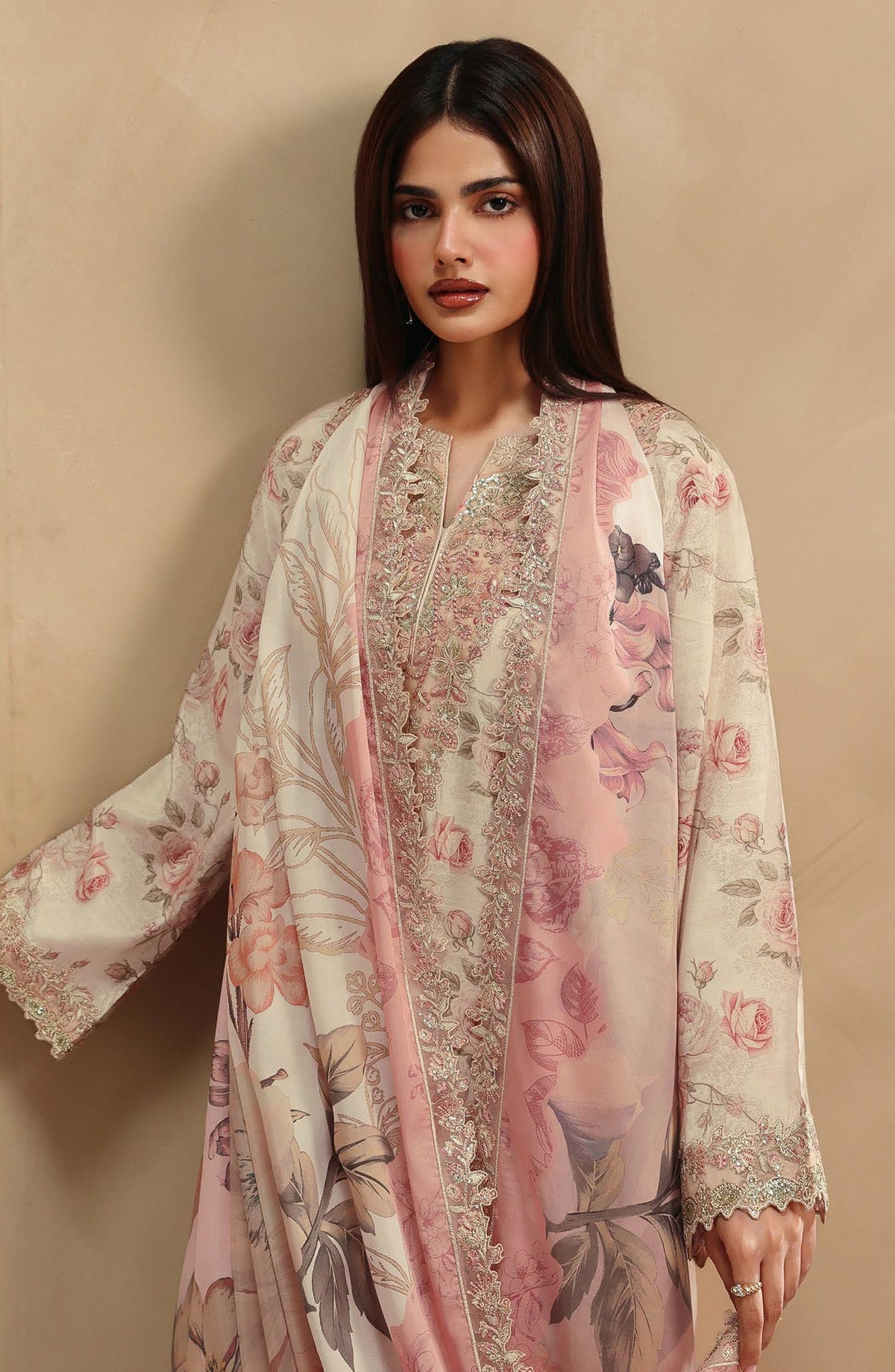 Naqsh by Ramsha Embroidered Raw Silk Unstitched 3 Piece Suit - RS-205 - RM26NQ - Fawn - Winter Collection