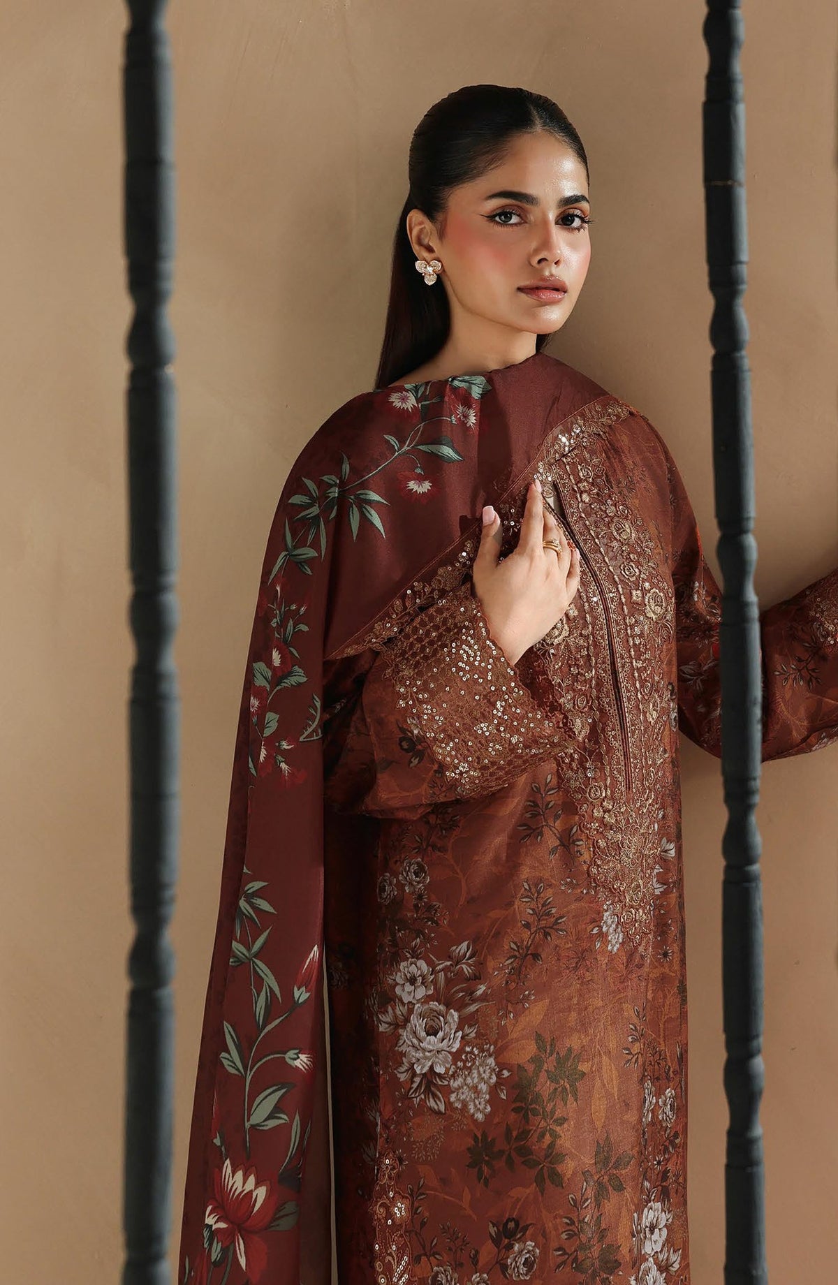 Naqsh by Ramsha Embroidered Raw Silk Unstitched 3 Piece Suit - RS-206 - RM26NQ - Brown - Winter Collection